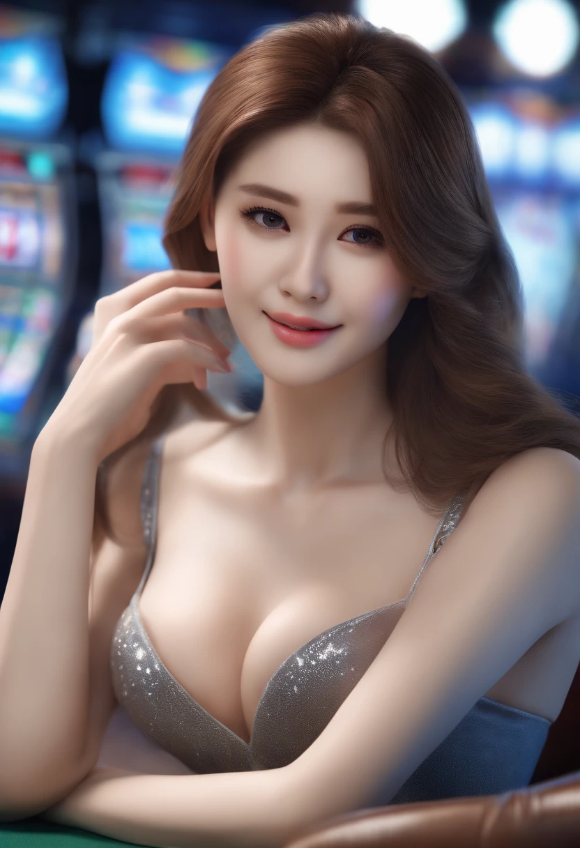 (8K, highest quality, masterpiece: 1.3), (realistic, photorealistic: 1.4), ultra high definition, 1 girls, (japanese female), 18 years old, (high-definition cute face), (large breast), (cleavage), white bra, slender body, closed mouth, brown hair, ponytail hair, professional lighting, high-definition hands, high-definition eyes, high-definition teeth, Sit and play slots in a casino,