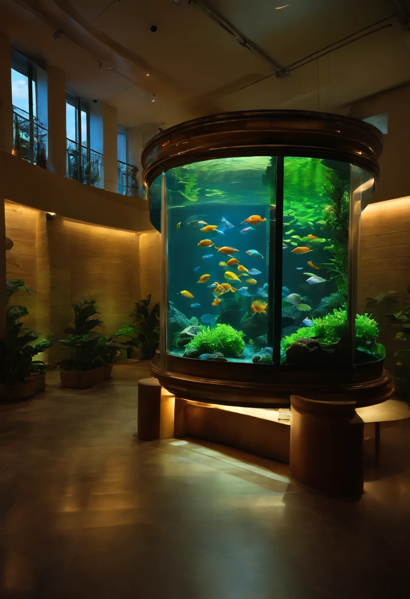 A very large aquarium，It is full of all kinds of fish，All behind glass，extremely colorful，There is a long corridor outside the glass，dimly lit，Pure scene