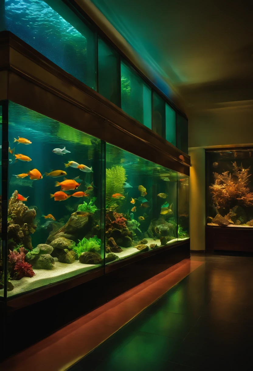 A very large aquarium，It is full of all kinds of fish，All behind glass，extremely colorful，There is a long corridor outside the glass，dimly lit，Pure scene
