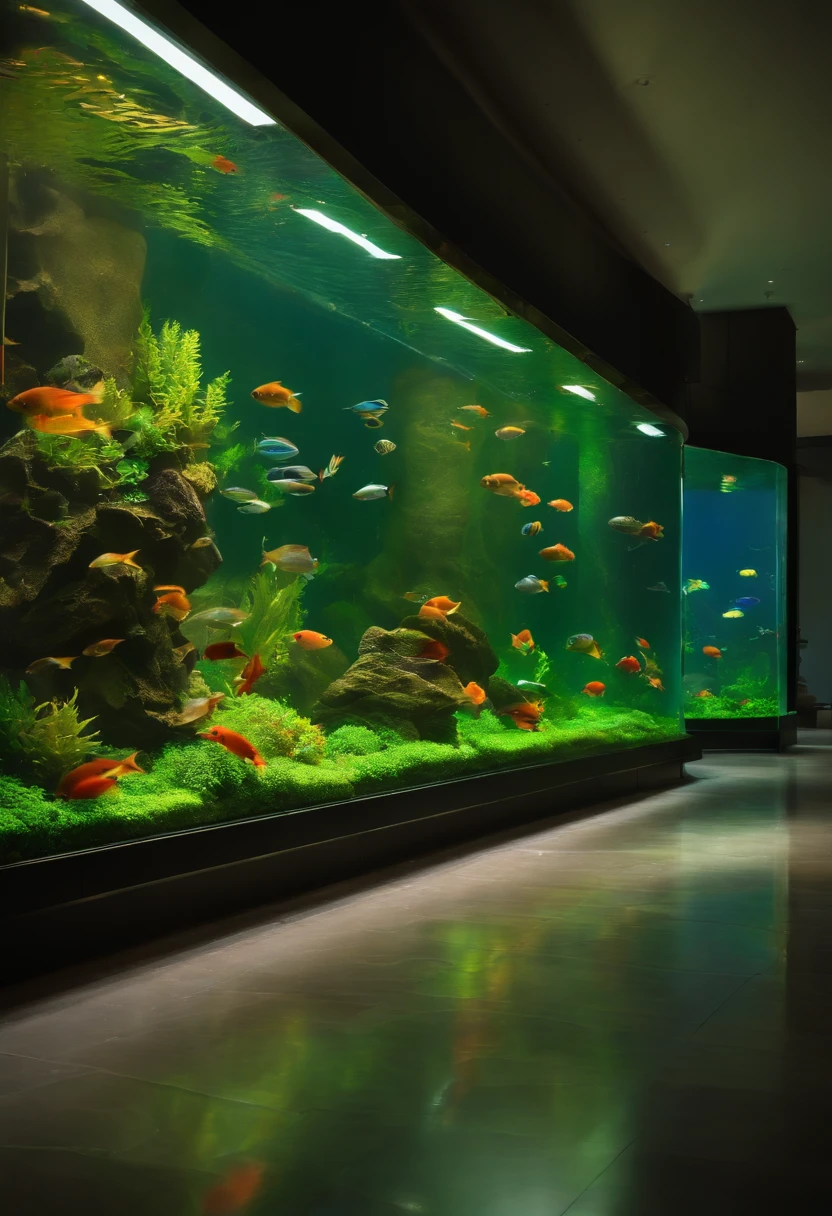 A very large aquarium,It is full of all kinds of fish,All behind glass,extremely colorful,There is a long corridor outside the glass,dimly lit,Pure scene