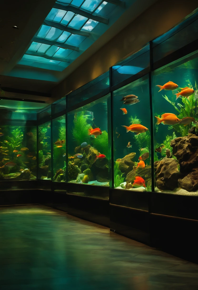 A very large aquarium，It is full of all kinds of fish，All behind glass，extremely colorful，There is a long corridor outside the glass，dimly lit，Pure scene