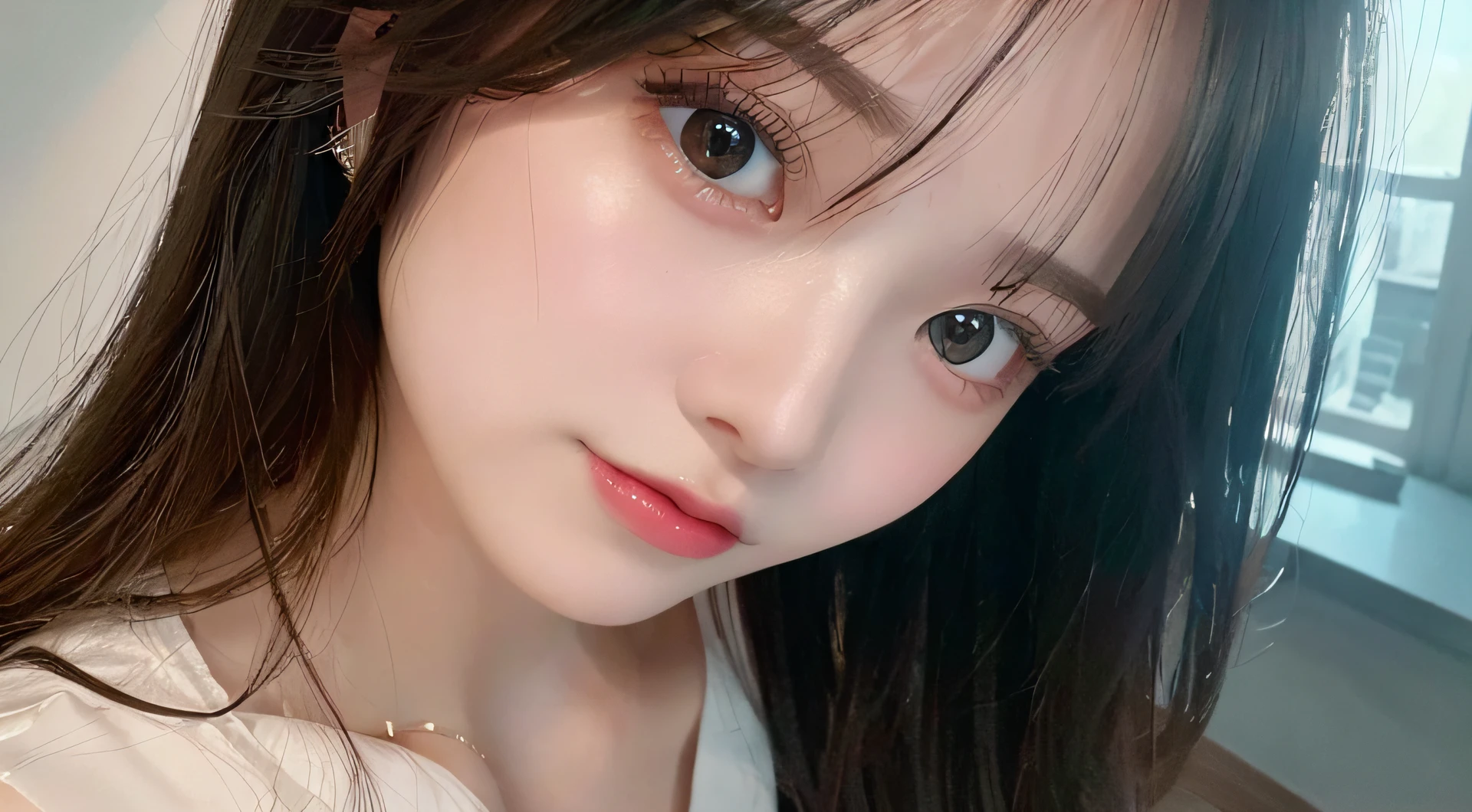 (Best Quality,4K,8K,hight resolution,masutepiece:1.2),Ultra-detailed,genre:Portrait,Colorful,Soft lighting,Vibrant colors,Long Black Hair,Purple background,Soft Focus,Beautiful detail eyes and lips,Delicate skin texture,subtle makeup,Feminine and confident pose,Charming smile,Stylish uniform decorated with flower pins,Body language expresses elegance and elegance,A subtle breeze blowing through her hair,Subtle lens flare to create a dreamy atmosphere,Romantic and whimsical atmosphere,Professional camera to capture every detail,natural and effortless beauty,Stylish and fashionable look,Magical and enchanting atmosphere, Over Head Shot, Bedroom, Dark.