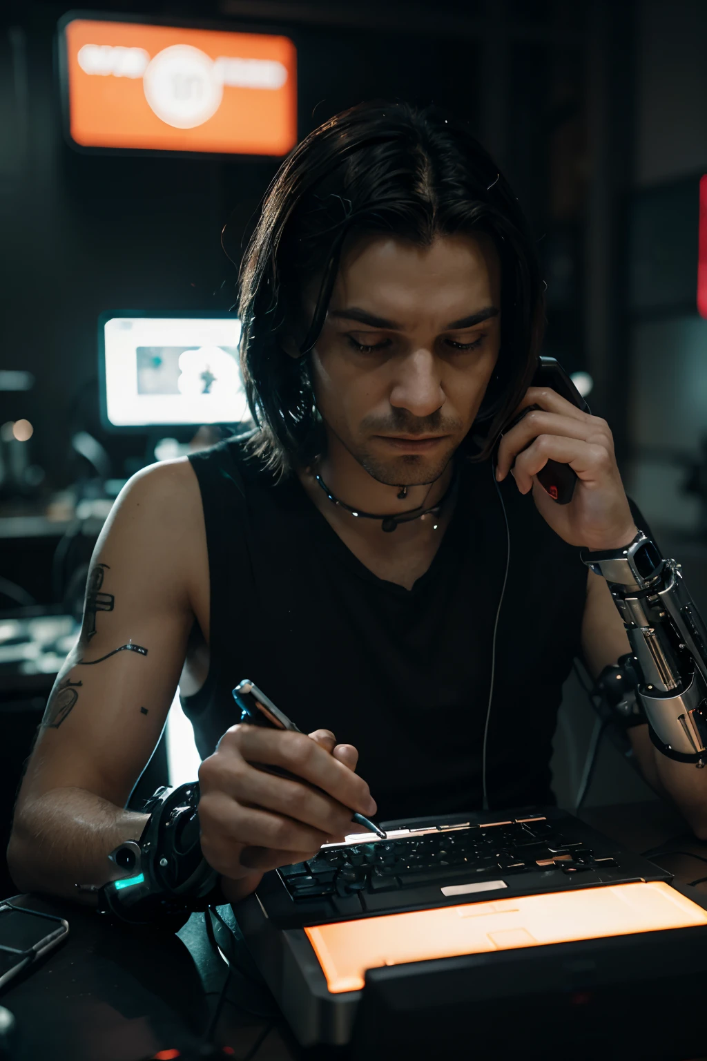 A grim portrait of a man tinkering with the computer with intricate angled cybernetic implants, cyberpunk, foto premiada, bokeh, neon lights, cybernetic limb