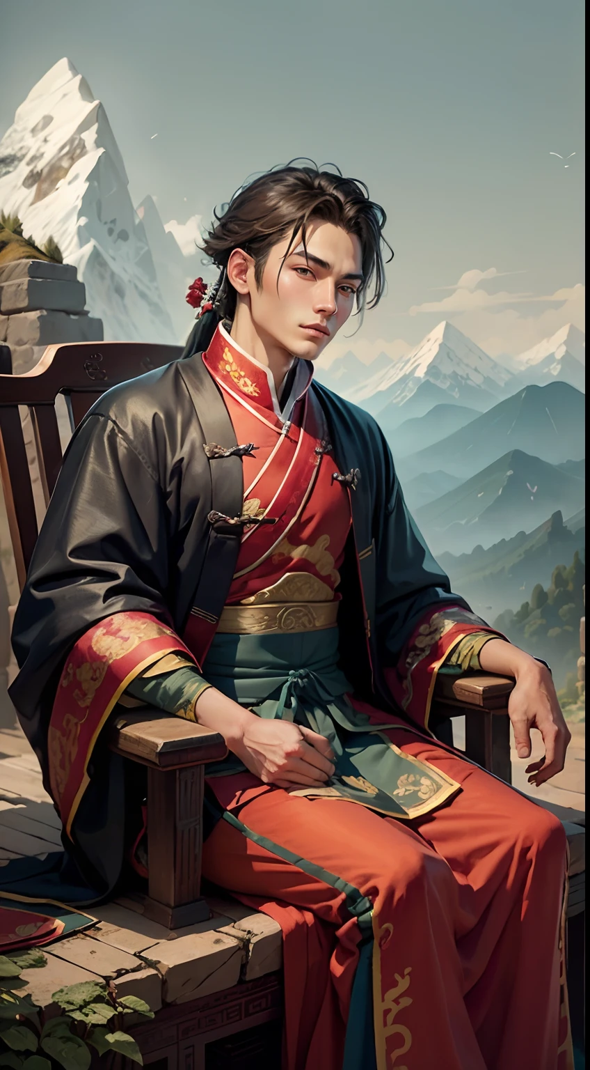 Illustration, wide-shot, handsome young man dressed in ancient Chinese clothes sitting with his back toward the camera, scenic mountains in the background masterpiece, intricate, beautiful, hyper detailed, 8k uhd, best quality.