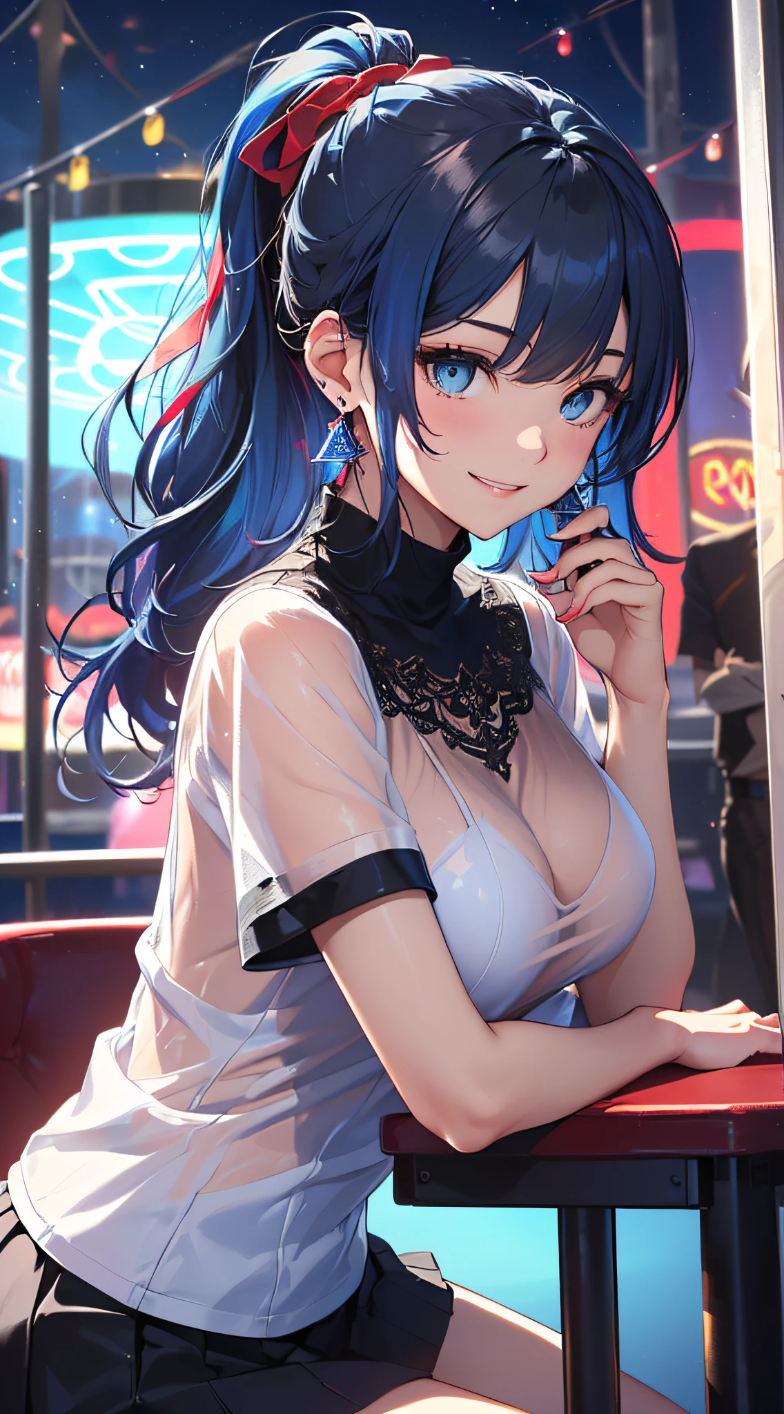 top-quality、Top image quality、​masterpiece、girl with((18year old、Best Bust、Medium bust、Bust 85,Beautiful blue eyes、Breasts wide open,Black Short Sleeve T-Shirt、White see-through、Black short skirt、Ponytail with black hair、Smile Face、Beautiful blue earrings、emphasis on the buttocks、A slender、Height 175cm,Leaning forward、Blue hair mesh、sit a chair)）hiquality、Beautiful Art、Background with((Red and blue lighting、beautiful night scene、Inside the Ferris wheel in motion、)),masutepiece、Elaborate design、visualart、depth of fields、The best lighting、highestdetailed、8ｋ