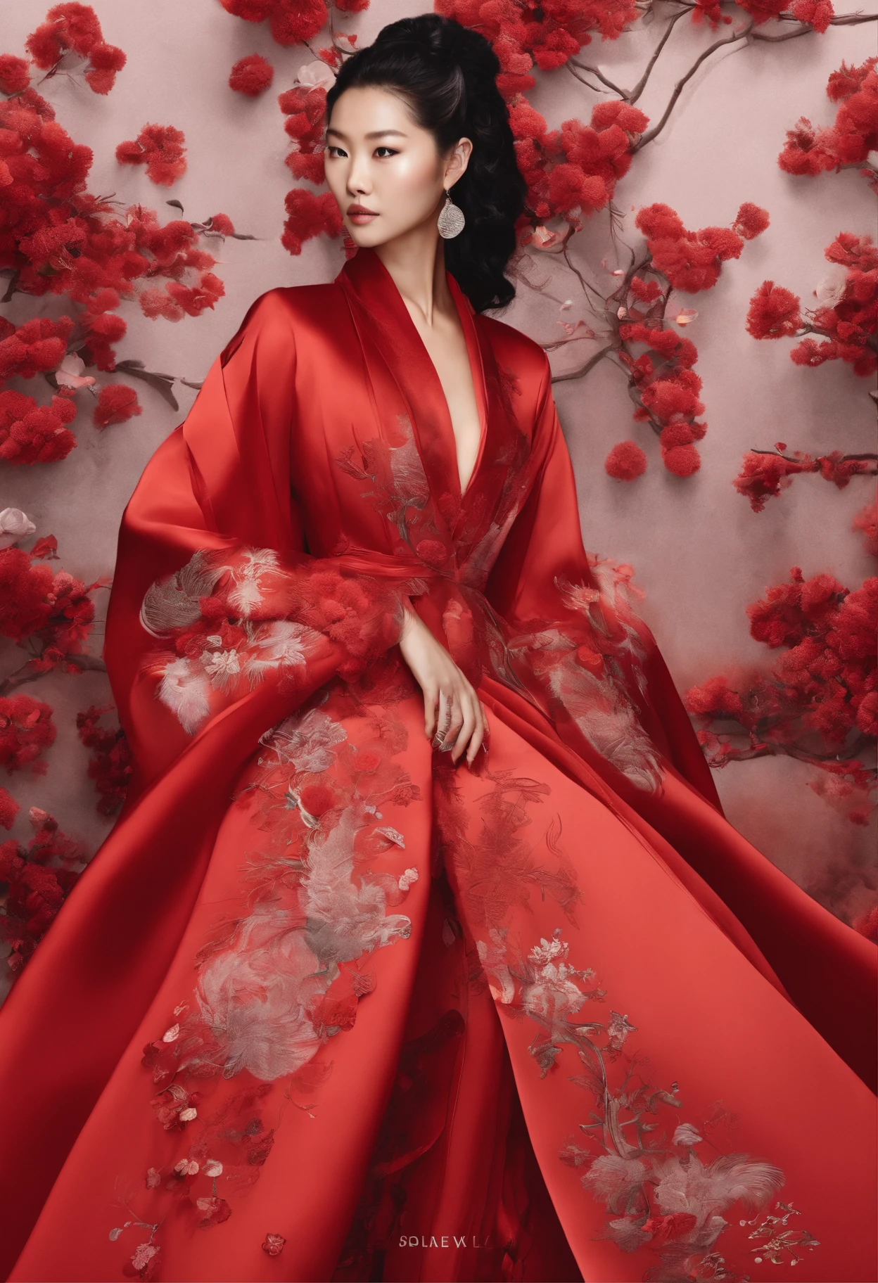 Liu Wen, an international supermodel wearing a red wedding dress, red tulle cloak, Golden Phoenix, nine tail fox, (9. The tail is unfolded at the back,Form a smoke ring in the air), peach blossom,Cloud,High quality, symetrical composition , high resolution ,