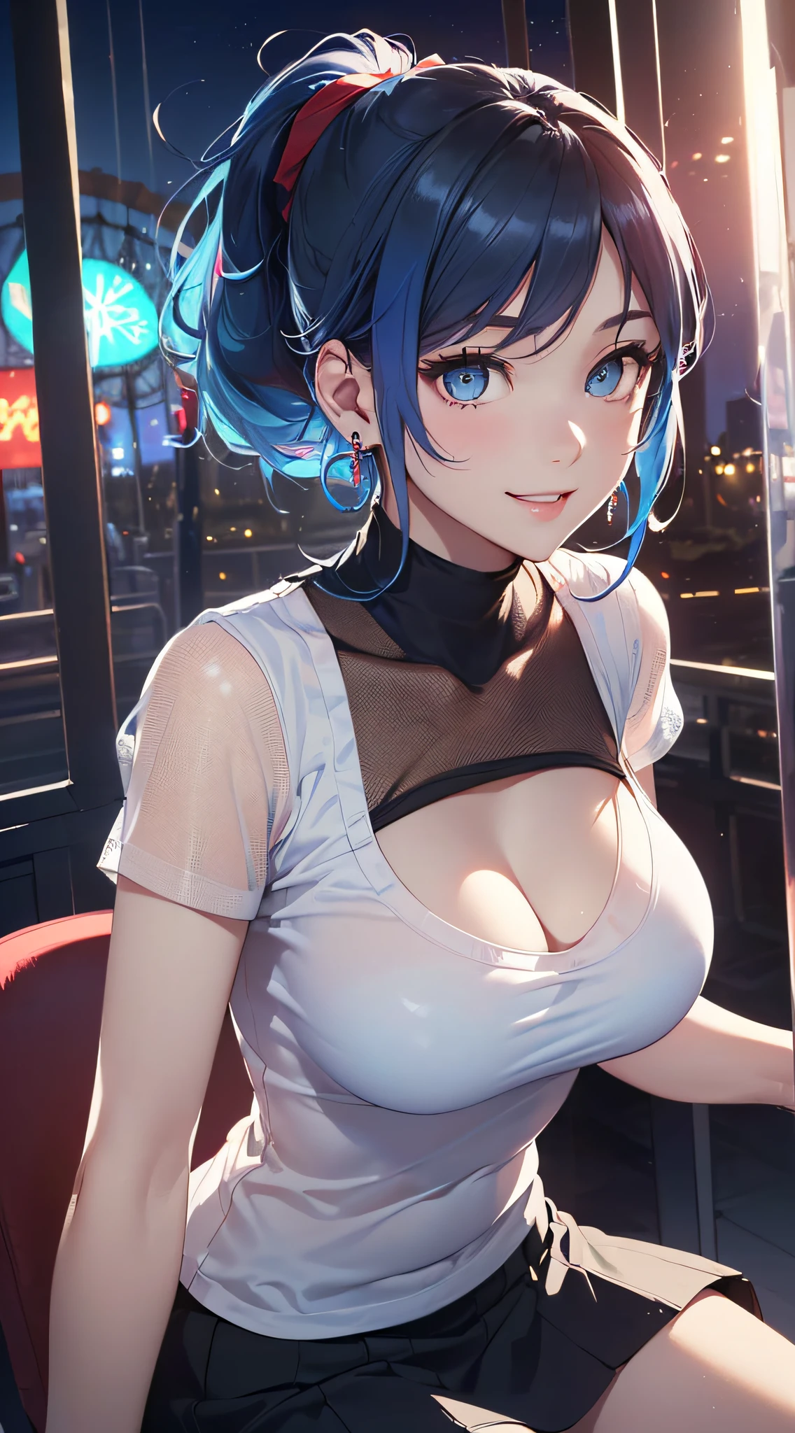 top-quality、Top image quality、masterpiece、girl with((18year old、Best Bust、Medium bust、Bust 85,Beautiful blue eyes、Breasts wide open,Black Short Sleeve T-Shirt、White see-through、Black short skirt、Ponytail with black hair、Smile Face、Beautiful blue earrings、emphasis on the buttocks、A slender、Height 175cm,Leaning forward、Blue hair mesh、sit a chair))hiquality、Beautiful Art、Background with((Red and blue lighting、beautiful night scene、Inside the Ferris wheel in motion、)),masutepiece、Elaborate design、visualart、depth of fields、The best lighting、highestdetailed、8k