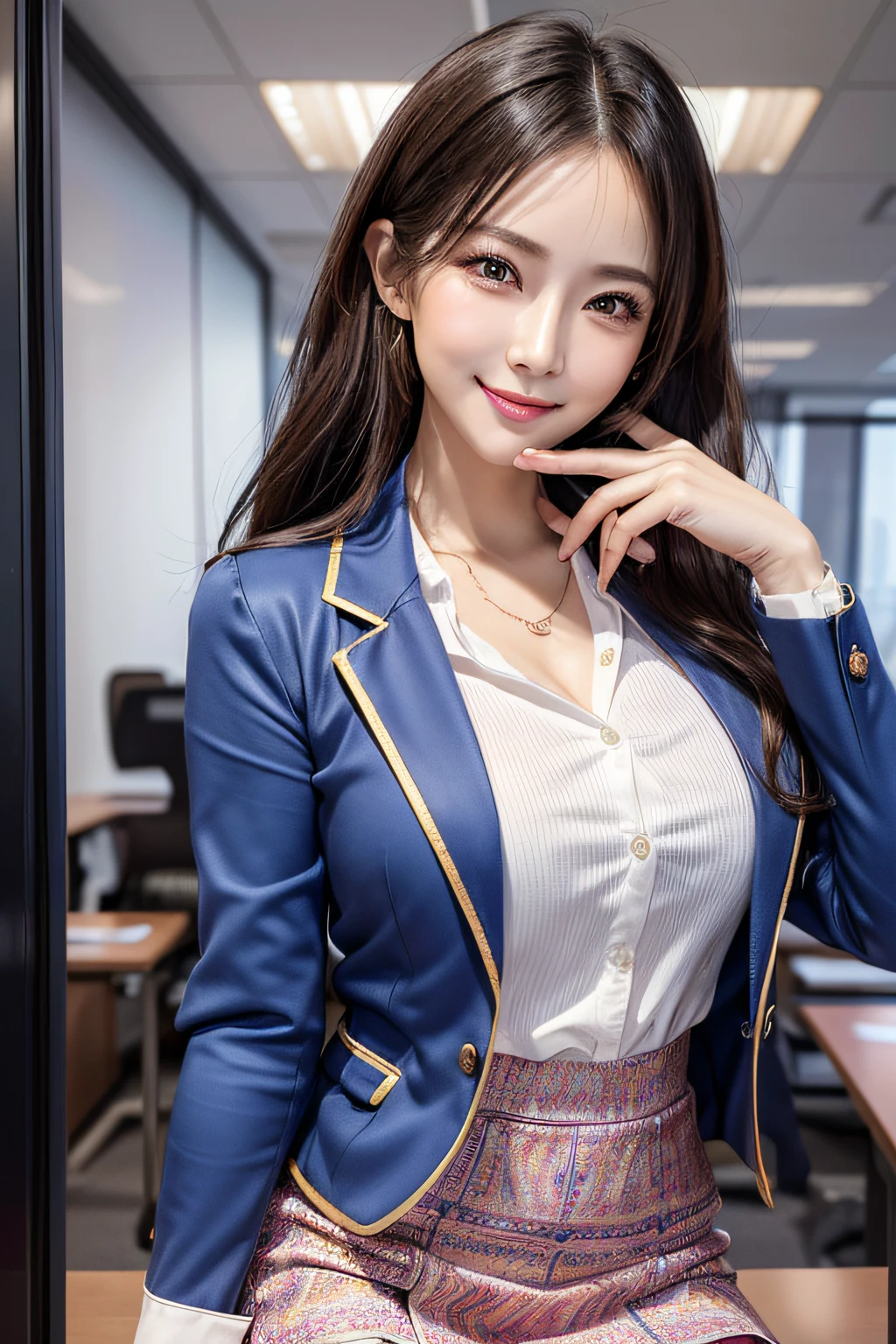 (1 Ultimate Beautiful Mature Woman)、hyperdetailed face、Detailed lips、A detailed eye、二重まぶた、Medium brunette hair, (Colorful tight mini skirt with colorful blazer and colorful blouse)、Sweating in the office room、Dancing Office Lady、((Smile happily with mouth wide open))、((Glamorous body))、(large full breasts)、(cowboy shot)、perfect hand, Perfect fingers, perfect chest, Perfect fit, perfect bodies, face perfect, depth of fields、Perfect image realism, Background with:((Large conference room in the office))、Meticulous background, detailed costume, Perfect litthing、Hyper-Realism、Photorealsitic、8K maximum resolution, (masterpiece), ighly detailed, Professional