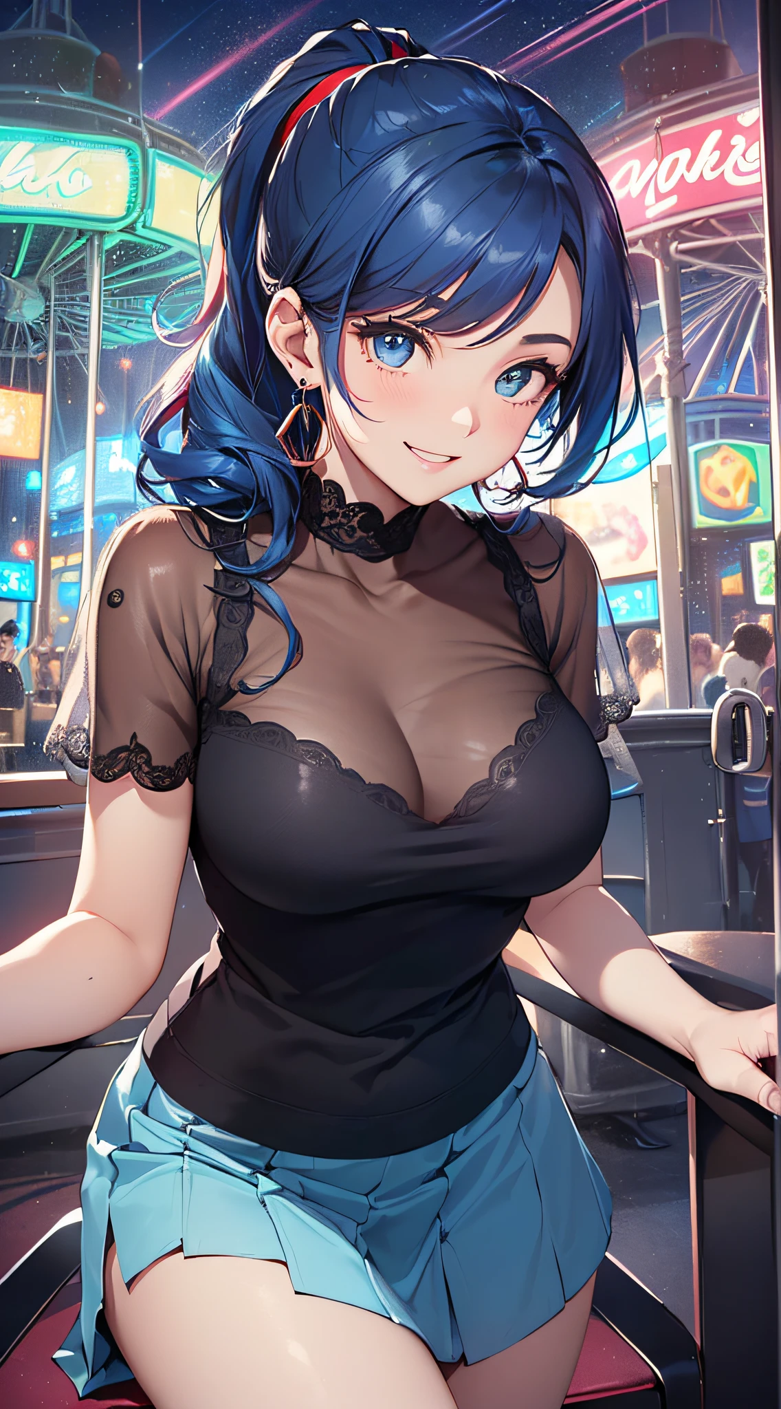 top-quality、Top image quality、​masterpiece、girl with((18year old、Best Bust、Medium bust、Bust 85,Beautiful blue eyes、Breasts wide open,Black Short Sleeve T-Shirt、White see-through、Black short skirt、Ponytail with black hair、Smile Face、Beautiful blue earrings、emphasis on the buttocks、A slender、Height 175cm,Leaning forward、Blue hair mesh、sit a chair)）hiquality、Beautiful Art、Background with((Red and blue lighting、beautiful night scene、Inside the Ferris wheel in motion、)),masutepiece、Elaborate design、visualart、depth of fields、The best lighting、highestdetailed、8ｋ