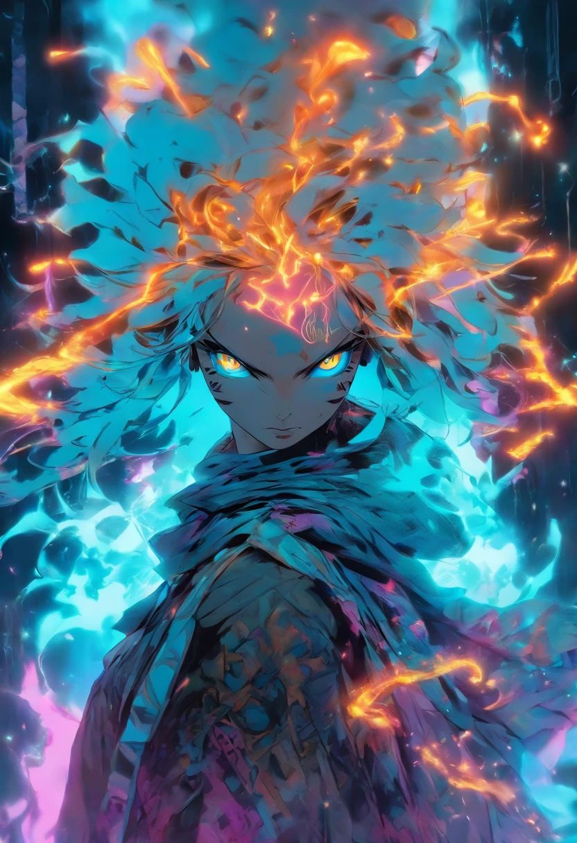 masterpiece, Rogue assassin girl, wearing a hood, blonde hair, shrouded in shadows, holding a flaming dagger in each hand, vibrant glowing abyssal colors, entirely in frame, FULL BODY, radiating electrical energy, shoulder length messy hair, Full body, Beautiful anime waifu style girl, hyperdetailed painting, luminism, art by Carne Griffiths and Wadim Kashin concept art, 8k resolution, fractal isometrics details bioluminescence , 3d render, octane render, intricately detailed , cinematic, trending on art station Isometric Centered hyper realistic cover photo awesome full color, hand drawn , gritty, realistic, intricate, hit definition , cinematic, Rough sketch, bold lines, on paper, vibrant, epic, ultra high quality model