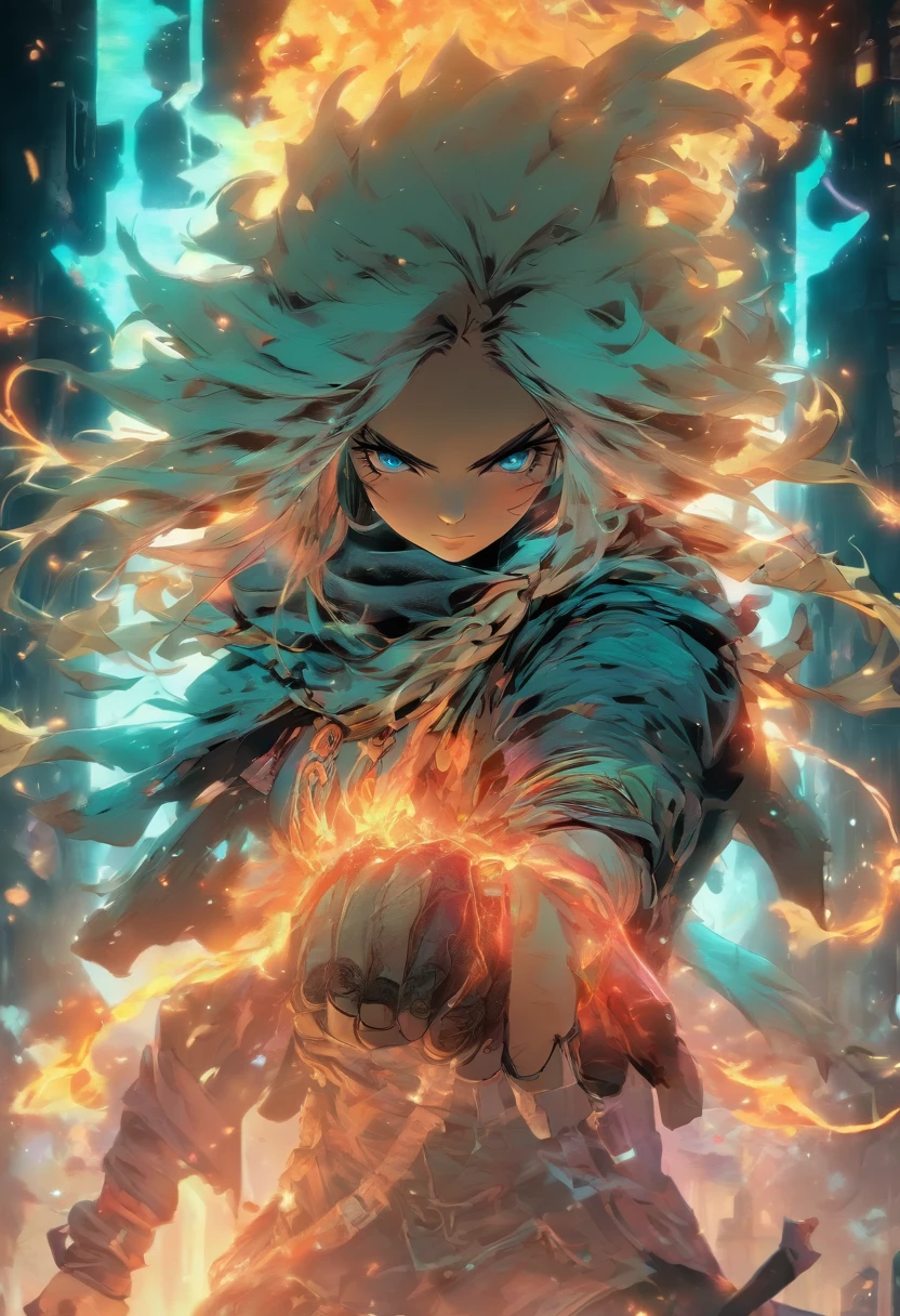 masterpiece, Rogue assassin girl, wearing a hood, blonde hair, shrouded in shadows, holding a flaming dagger in each hand, vibrant glowing abyssal colors, entirely in frame, FULL BODY, radiating electrical energy, shoulder length messy hair, Full body, Beautiful anime waifu style girl, hyperdetailed painting, luminism, art by Carne Griffiths and Wadim Kashin concept art, 8k resolution, fractal isometrics details bioluminescence , 3d render, octane render, intricately detailed , cinematic, trending on art station Isometric Centered hyper realistic cover photo awesome full color, hand drawn , gritty, realistic, intricate, hit definition , cinematic, Rough sketch, bold lines, on paper, vibrant, epic, ultra high quality model