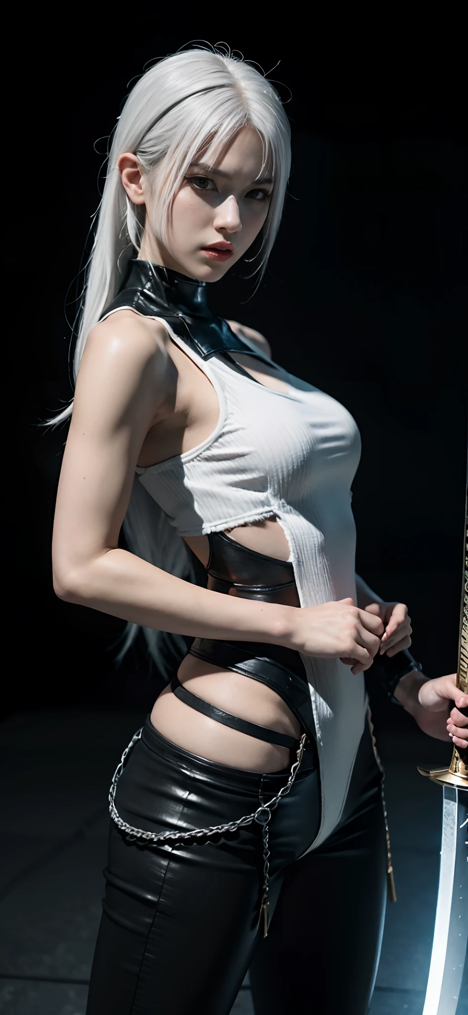 a close up of a person in a costume with a sword, as a character in tekken, female character, tifa lockhart with white hair, katana zero video game character, lunar themed attire, kda, slim body, cyborg - girl with silver hair, upper body avatar, fashion gameplay screenshot, fighting game character, new character, floralpunk elysian maiden, sigma female