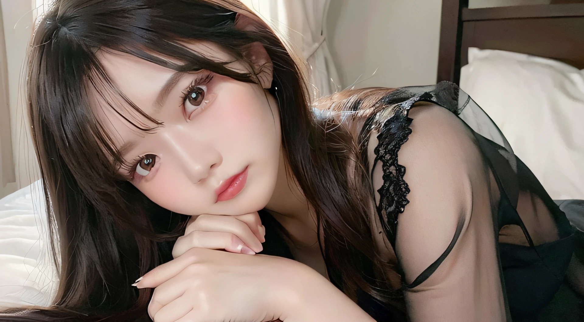 (Best Quality,4K,8K,hight resolution,masutepiece:1.2),Ultra-detailed,genre:Portrait,Colorful,Soft lighting,Vibrant colors,Long Black Hair,Soft Focus,Beautiful detail eyes and lips,Delicate skin texture,subtle makeup,undergarment,Romantic and whimsical atmosphere,Professional camera to capture every detail,natural and effortless beauty,Stylish and fashionable look,Magical and enchanting atmosphere, On the bed、laying on back、opening legs、Cross、toned thighs