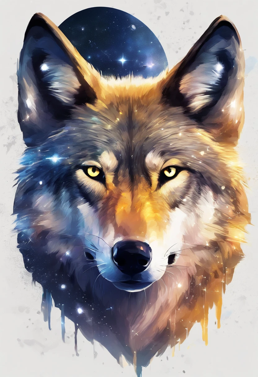 Realistic wolf before full moon. The wolf has yellow eyes and a golden coat. The picture is full of stars and faint light，The wolf looked calm