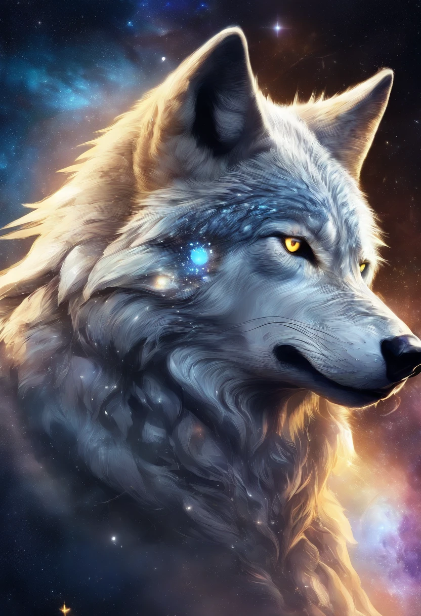 Realistic wolf before full moon. The wolf has yellow eyes and a golden coat. The picture is full of stars and faint light，The wolf looked calm