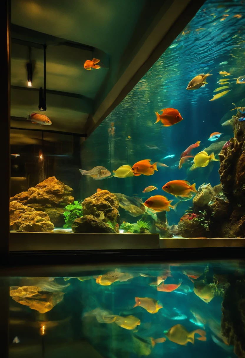 A very large aquarium,It is full of all kinds of fish,All behind glass,extremely colorful,There is a long corridor outside the glass,dimly lit,Pure scene,down view
