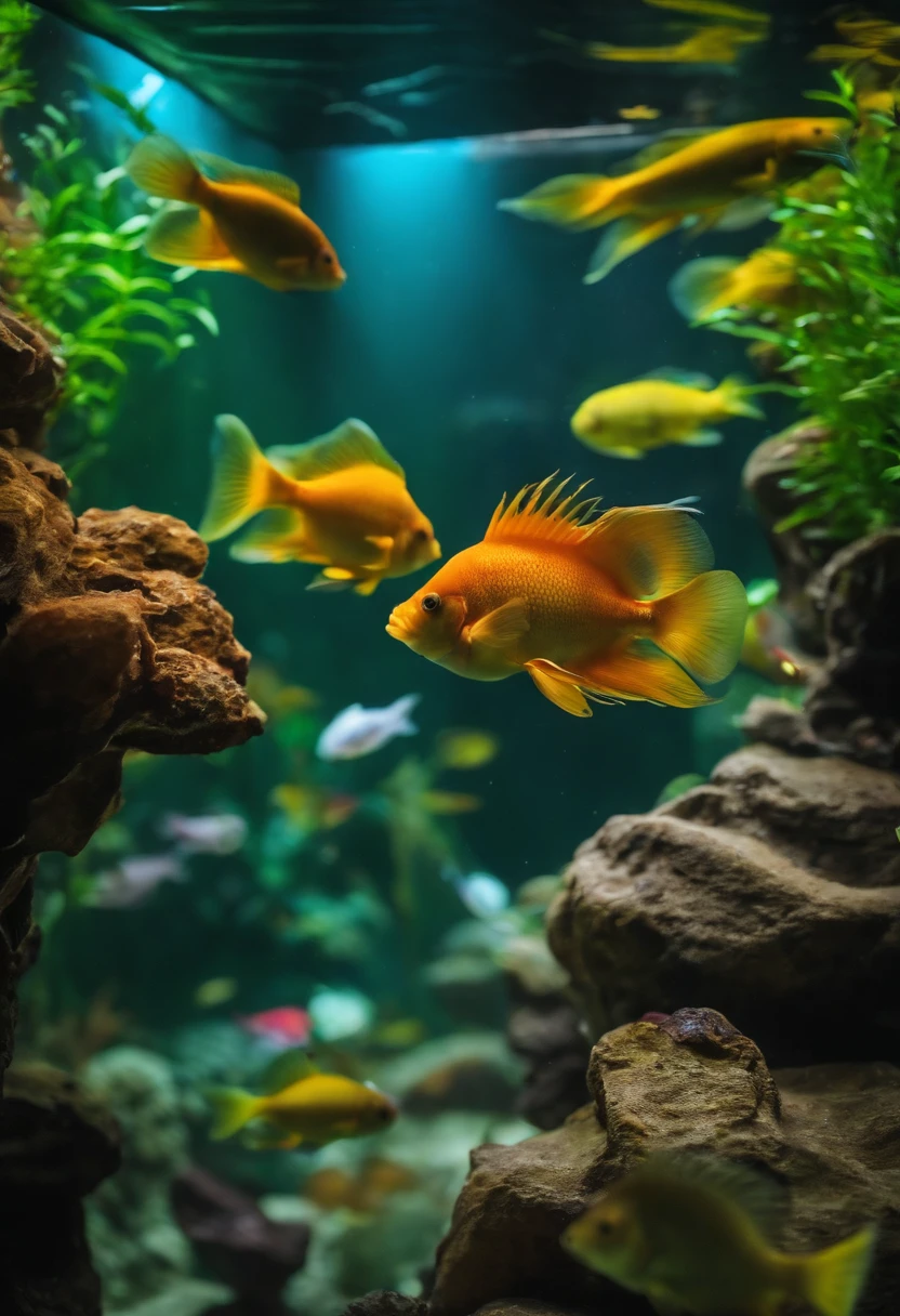 A very large aquarium，It is full of all kinds of fish，All behind glass，extremely colorful，There is a long corridor outside the glass，dimly lit，Pure scene，down view