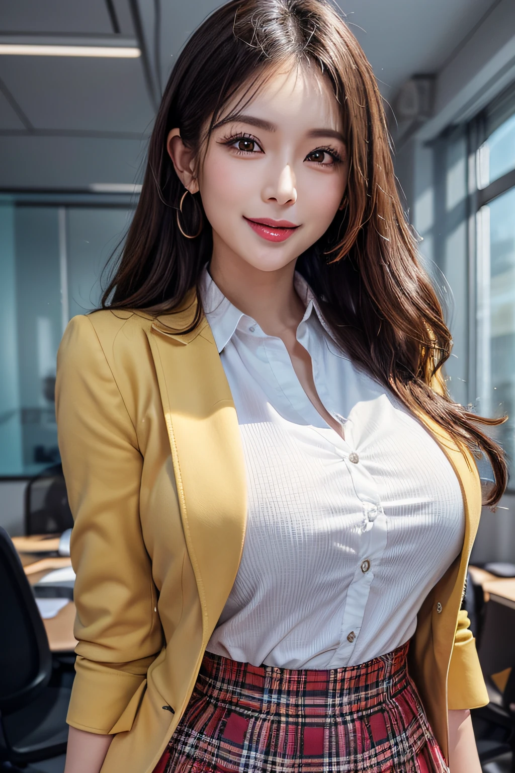 (1 Ultimate Beautiful Mature Woman)、hyperdetailed face、Detailed lips、A detailed eye、二重まぶた、Medium brunette hair, (Colorful tight mini skirt with colorful blazer and colorful blouse)、Sweating in the office room、Dancing Office Lady、((Smile happily with mouth wide open))、((Glamorous body))、(large full breasts)、(cowboy  shot)、perfect hand, Perfect fingers, perfect chest, Perfect fit, perfect bodies, face perfect, depth of fields、Perfect image realism, Background with:((Large conference room in the office))、In-depth background, detailed costume, Perfect litthing、Hyper-Realism、Photorealsitic、8K maximum resolution, (​masterpiece), ighly detailed, Professional