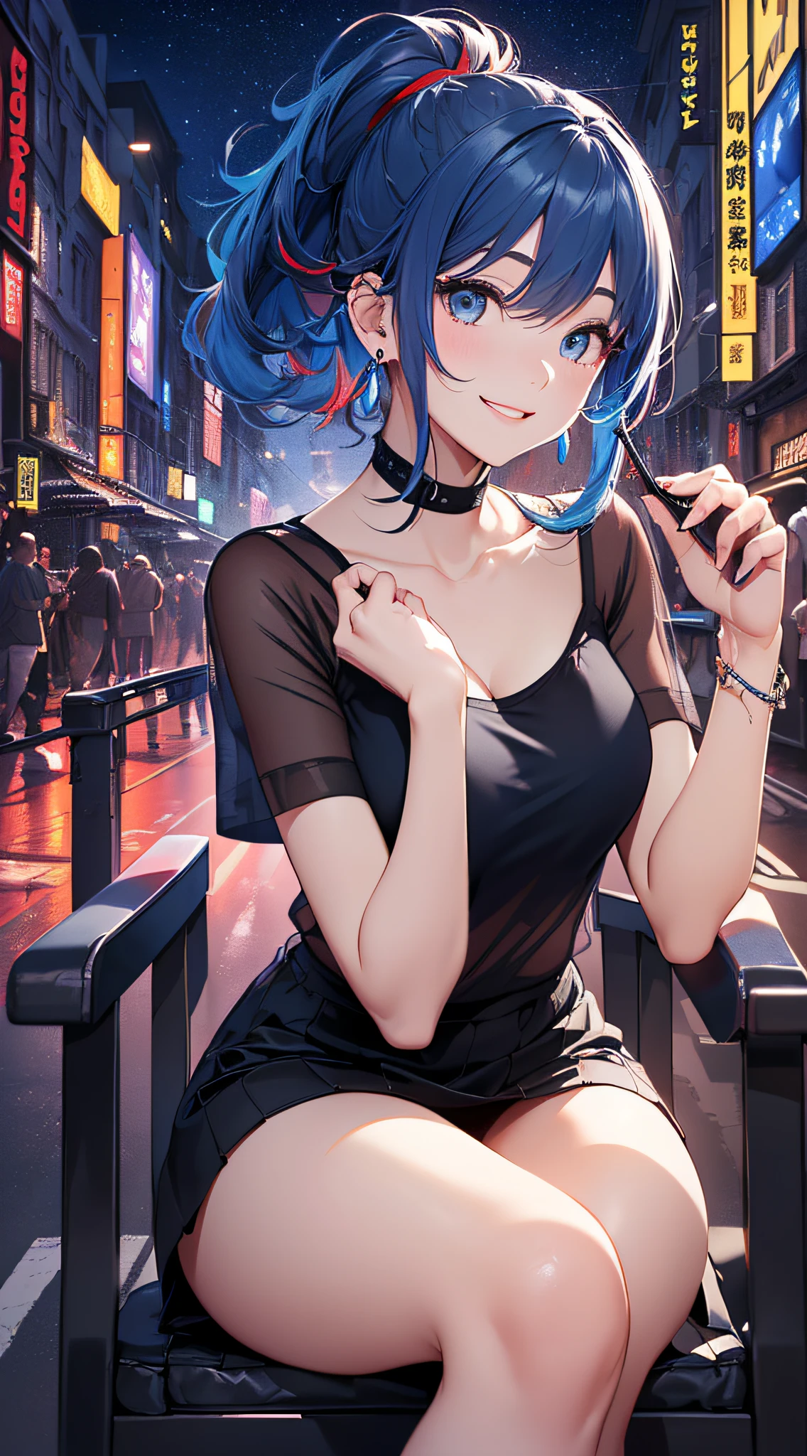 top-quality、Top image quality、masterpiece、girl with((18year old、Best Bust、Medium bust、Bust 85,Beautiful blue eyes、Breasts wide open,Black Short Sleeve T-Shirt、White see-through、Black short skirt、Ponytail with black hair、Smile Face、Beautiful blue earrings、A slender、Height 175cm,Leaning forward、Blue hair mesh、sit a chair))hiquality、Beautiful Art、Background with((Red and blue lighting、beautiful night scene、parade)),masutepiece、Elaborate design、visualart、depth of fields、The best lighting、highestdetailed、8k