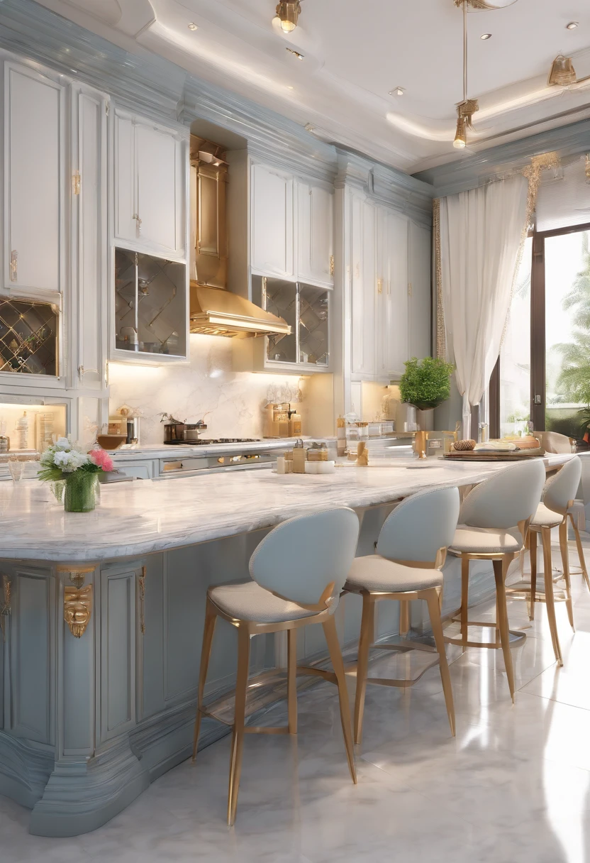 masterpiece, modern kitchen space, luxurious, aristocratic interior design, royal space, ((super detail :1.3))), neoclassical style design, neoclassical interior Modern blend, kitchen interior space with tables and chairs, kitchen details, luxurious aristocratic neoclassical kitchen inside, luxurious marble kitchen floor, kitchen interior, in a kitchen summer morning, island table, starbucks interior illustration, white, gray glossy floor ((1.2)), people sitting in cafe and serving staff (((1.3)))