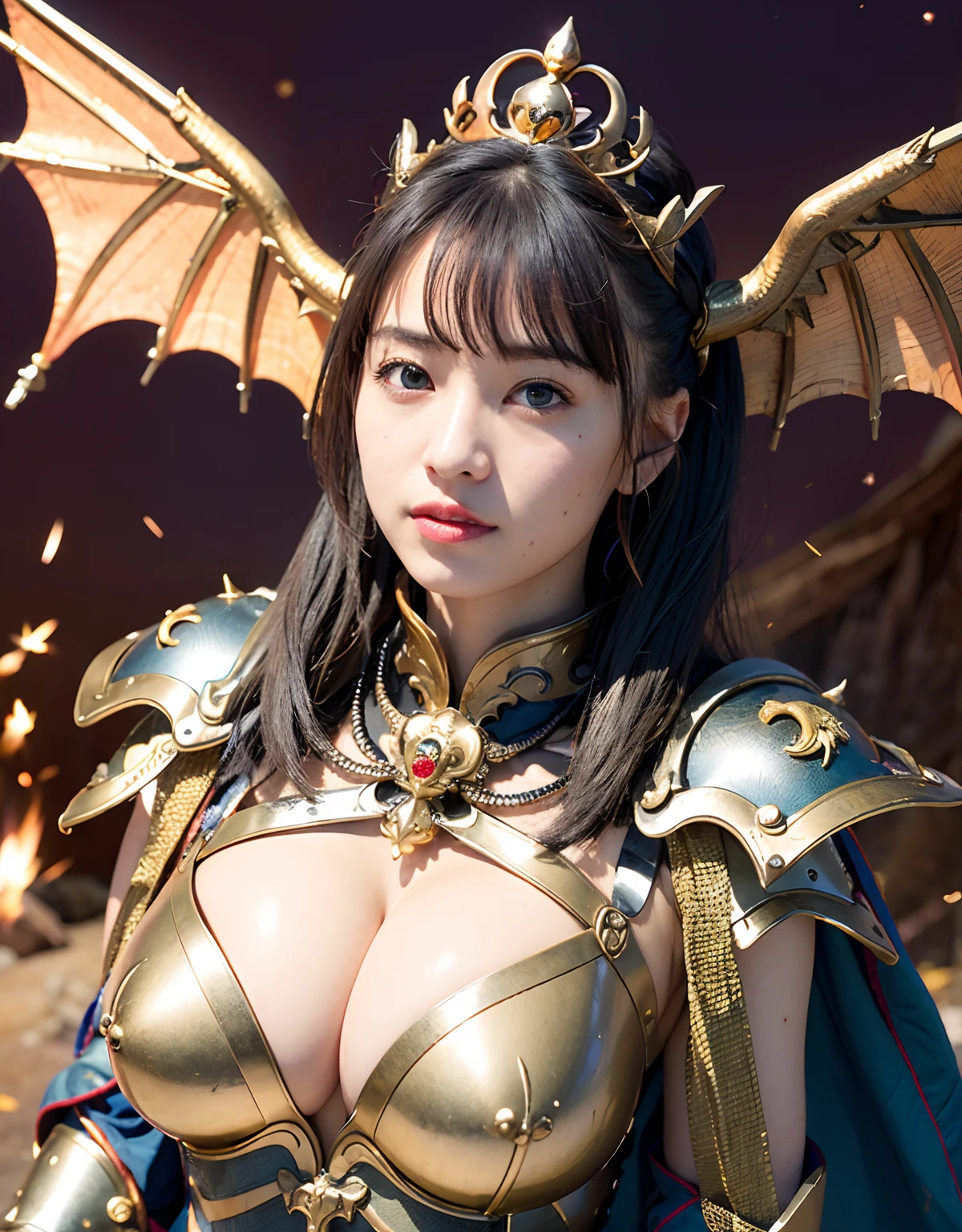 Professional , masterpiece、top-quality、photos realistic , 、top-quality、超A high resolution、(Photorealsitic:1.4)、Raw photo、depth of fields (Gemstone Gold Metal Body:1.9),(Matte White、Toostock、cleavage of the breast、(cleavage of the breast)、(Detailed Dragon Armor)、(Have the strongest weapon)、((Random Hairstyles 1.6),Dark Fantasy,)explosions、intense fighting、(Precipitous cliffs),Dragon Gold Weapon,Mystical expression、Particles of light、Fight dragons、(Detailed Dragon Helmet),Gorgeous Silver Weapons ,(( Dragon's dense and gorgeous sword)) , Beautiful knife ,warhammer 40k ,Detail and gorgeous crown、((Blue hair))、(Castle background)、、((Gangle's forest background))、Beautiful Caucasian beauty、1a person、dynamic ungle,((()))、Smaller head、A smile、Castle background、Thin and beautiful female hands、cleavage of the breast、Soldier in iron armor on background、Mystical expression、Light Effects、intense fighting、Wind-effect、magic circles、With the legendary magic wand、(demonic wings)、Toostock、