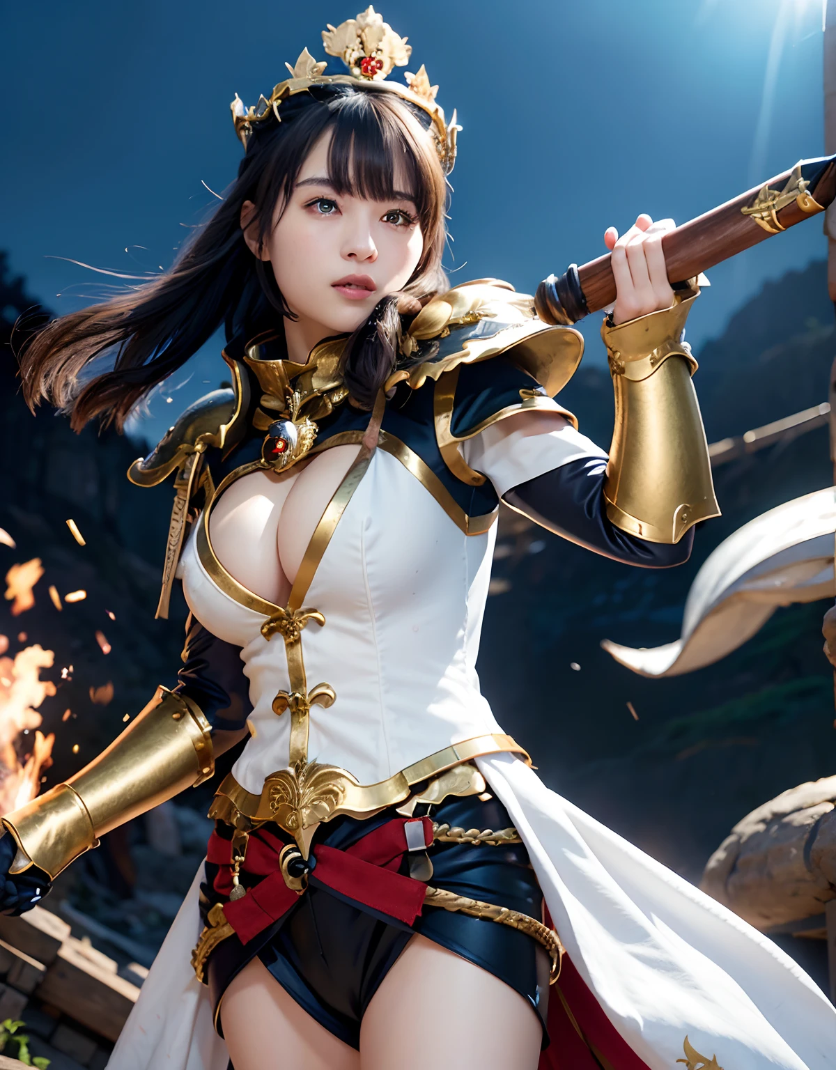 Professional , ​masterpiece、top-quality、photos realistic , 、top-quality、超A high resolution、(Photorealsitic:1.4)、Raw photo、depth of fields （Gemstone Gold Metal Body:1.9),(Matte White、Toostock、cleavage of the breast、（cleavage of the breast）、（Detailed Dragon Armor）、（Have the strongest weapon）、（(Random Hairstyles 1.6),Dark Fantasy,）explosions、intense fighting、（Precipitous cliffs),Dragon Gold Weapon,Mystical expression、Particles of light、Fight dragons、（Detailed Dragon Helmet),Gorgeous Silver Weapons ,（（ Dragon's dense and gorgeous sword）） , Beautiful knife   ,warhammer 40k ,Detail and gorgeous crown、（（Blue hair））、（Castle background）、、（（Gangle's forest background））、Beautiful Caucasian beauty、１a person、dynamic ungle,((()))、Smaller head、A smile、Castle background、Thin and beautiful female hands、cleavage of the breast、Soldier in iron armor on background、Mystical expression、Light Effects、intense fighting、Wind-effect、magic circles、With the legendary magic wand、（demonic wings）、Toostock、