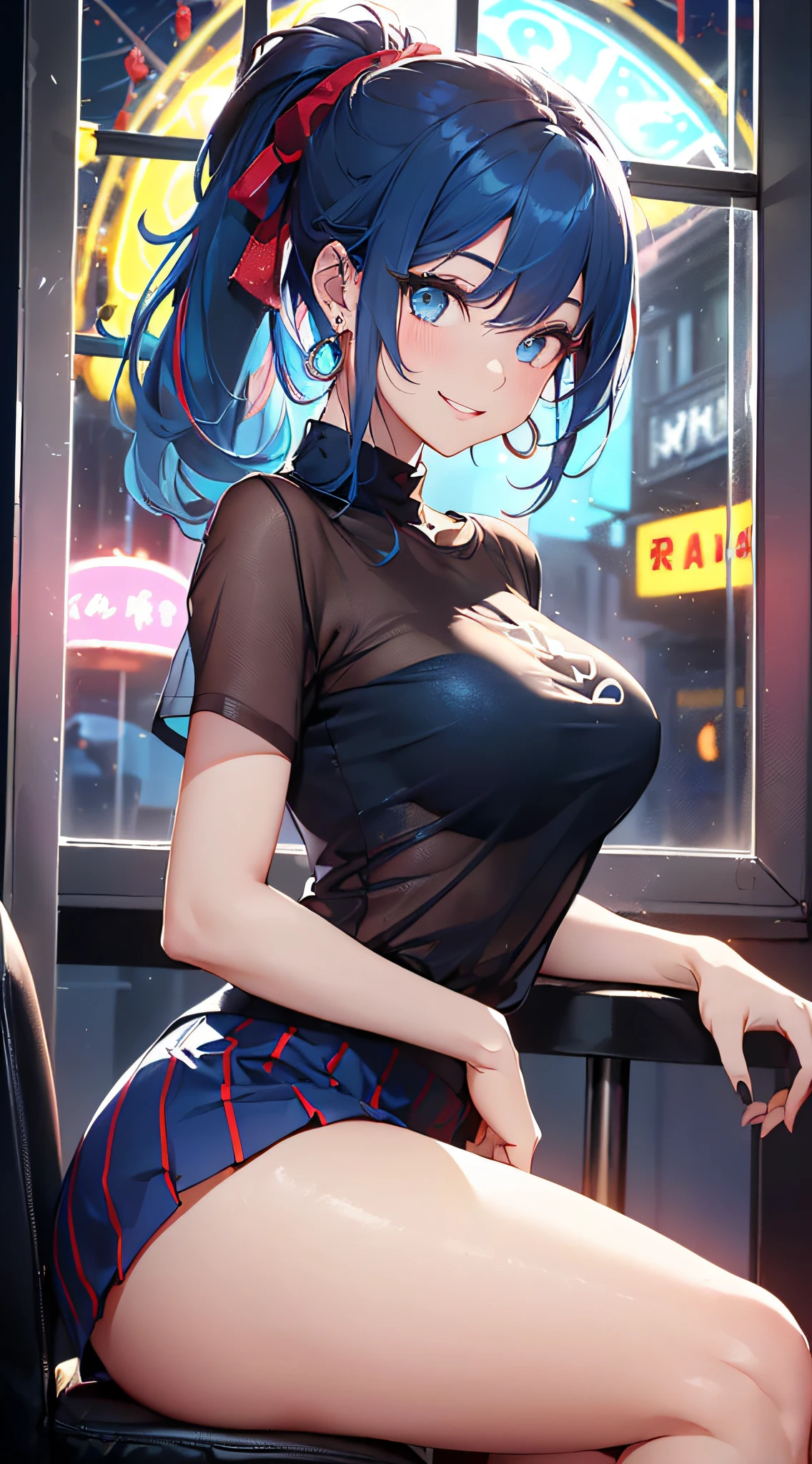 top-quality、Top image quality、masterpiece、girl with((18year old、Best Bust、Medium bust、Bust 85,Beautiful blue eyes、Breasts wide open,Black Short Sleeve T-Shirt、White see-through、Black short skirt、Ponytail with black hair、Smile Face、Beautiful blue earrings、emphasis on the buttocks、A slender、Height 175cm,Leaning forward、Blue hair mesh、sit a chair))hiquality、Beautiful Art、Background with((Red and blue lighting、beautiful night scene、Inside a moving Ferris wheel、)),masutepiece、Elaborate design、visualart、depth of fields、The best lighting、highestdetailed、8k