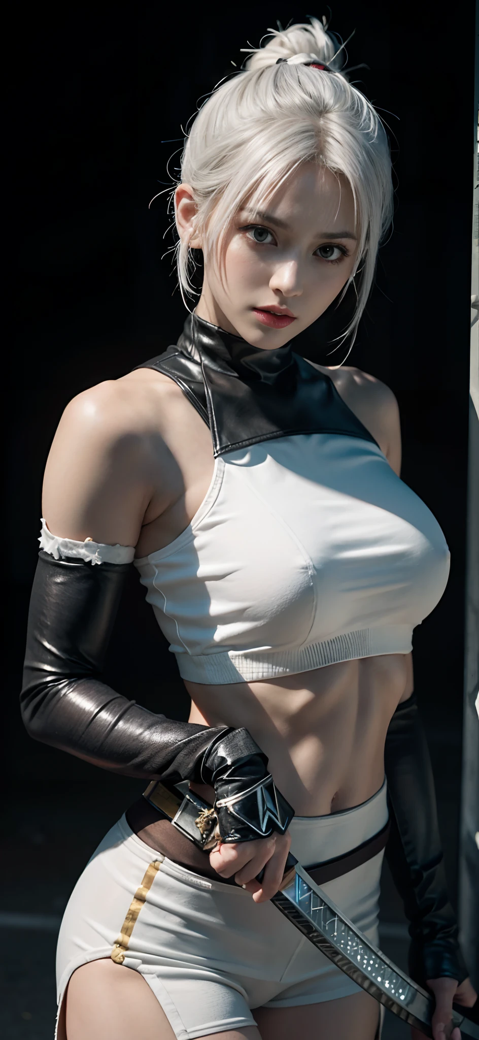 a close up of a person in a costume with a sword, as a character in tekken, female character, tifa lockhart with white hair, katana zero video game character, lunar themed attire, kda, slim body, cyborg - girl with silver hair, upper body avatar, fashion gameplay screenshot, fighting game character, new character, floralpunk elysian maiden, sigma female