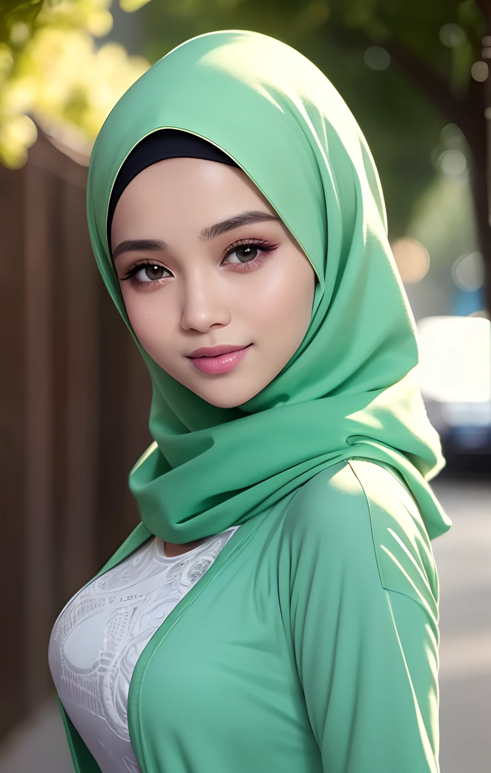 (night scene, close up photo of a sexy naked malay girl with hijab, posing, look at a camera and smile, green pastel hijab, (green eyes:0.8), big tit, cute young face, 18 yo, soft volumetric lights, (backlit:1.3), (cinematic:1.3), intricate details, (ArtStation:1.2),Best quality, high resolution, masterpiece: 1.3), a beautiful malay woman in hijab, big breasts, beautifully presented details in the street and facial and skin texture, detailed eyes, double eyelids, big eyeschest visible, shirt open