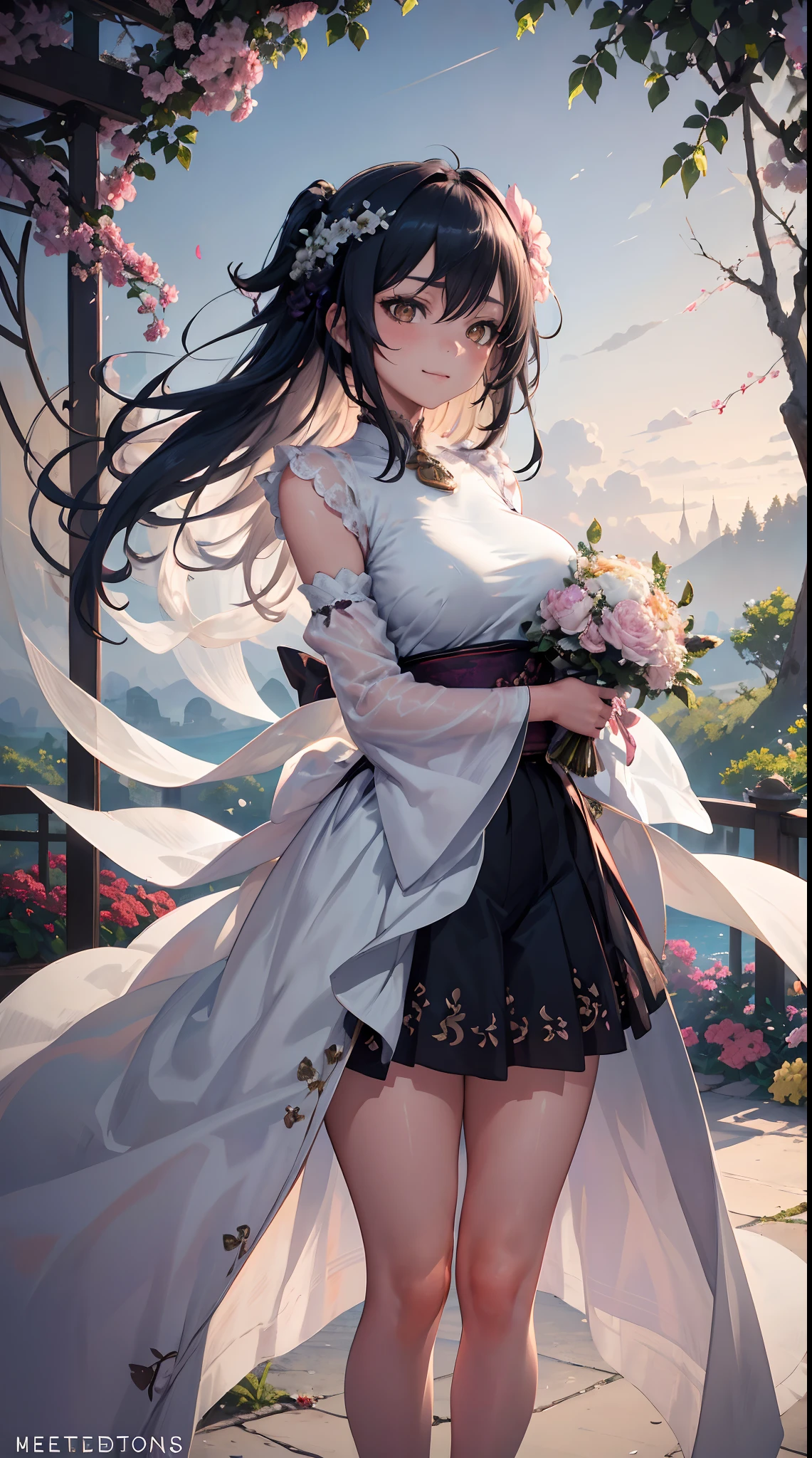 Kujou Sara | genshin impact, master-piece, bestquality, 1girls,25 years old, proportional body, proportional., Wedding Dresses, White Wedding Dress, Long skirt, wedding, ,bara, Standing in the middle of a flower garden, outdoor, wedding, The sky is beautiful, In a paradise of love and happiness......................................., The bride wears a Japanese dress and a seductive smile......................................., The passage of time stops at theirs......................................., On this wedding day of love and happiness......................................., Bright and beautiful flowers, Holding it in her hands symbolizes the envelopment of love......................................., Love and friendship through the transmission of flowers, In a paradise of love and happiness......................................., A bride in a yukata wearing a masika......................................., It is a form of beauty and elegance......................................., Show your spouse your heart......................................, In a paradise of love and happiness......................................., Kochikugisa is the tree of new beginnings......................................., And their love and affection...................................., And suck a lot of love......................................., Flowers represent love and peace......................................., In a paradise of love and happiness......................................., View viewers from the front., Thigh strap, Head tilt, bored, 10, 10, HD, slight smile,