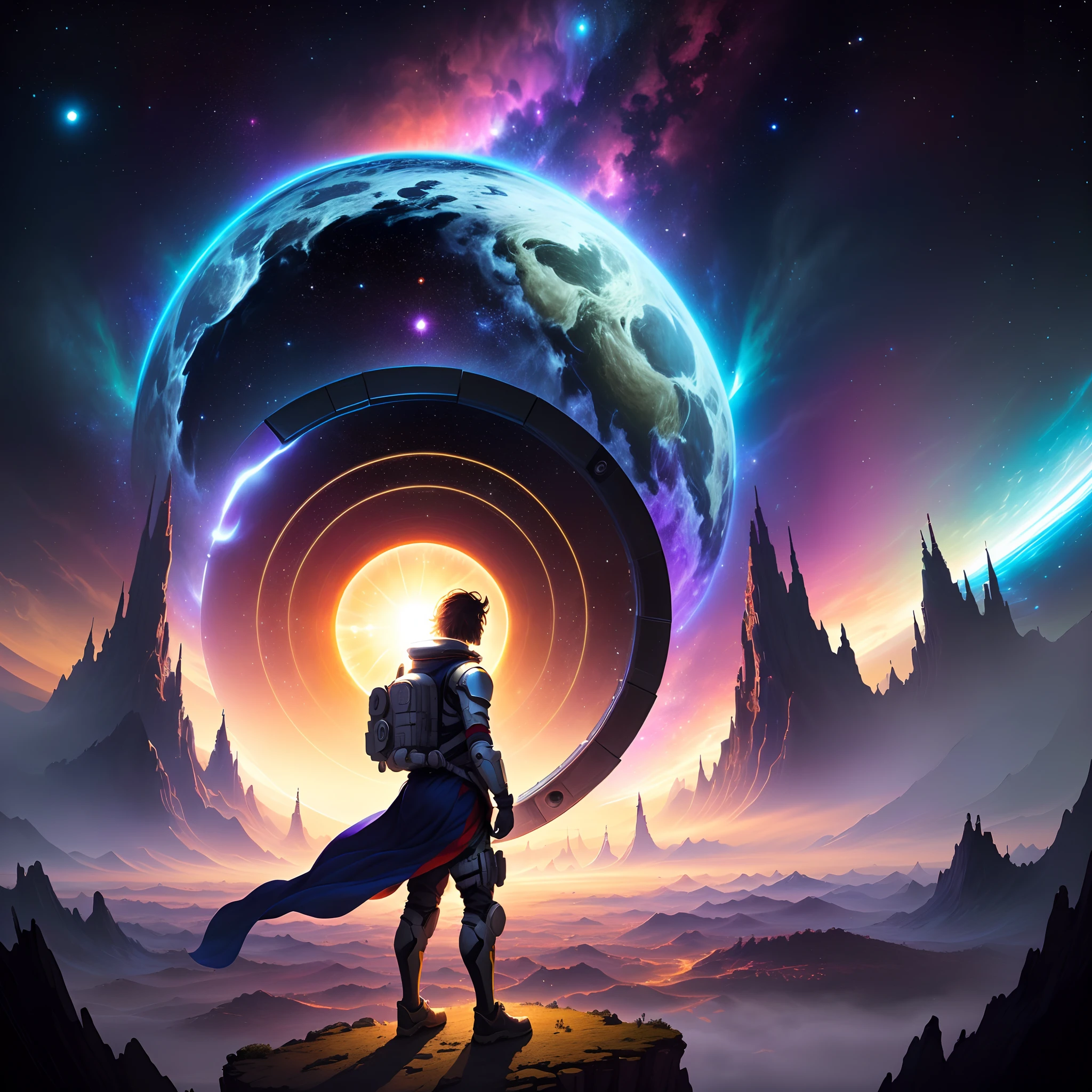 person, standing in front of a space portal overlooking the sun, Cyril Rolando and Goro Fujita, A portal to another universe, inspired by Cyril Rolando, Portal to another dimension, world, visible only through the portal, high quality fantasy stock photo, Portal to another world, Portal to outer space, in the style of Cyril Rolando, Looking into space, universe, Magical Galactic Portal, The Cycle of the Stars, God