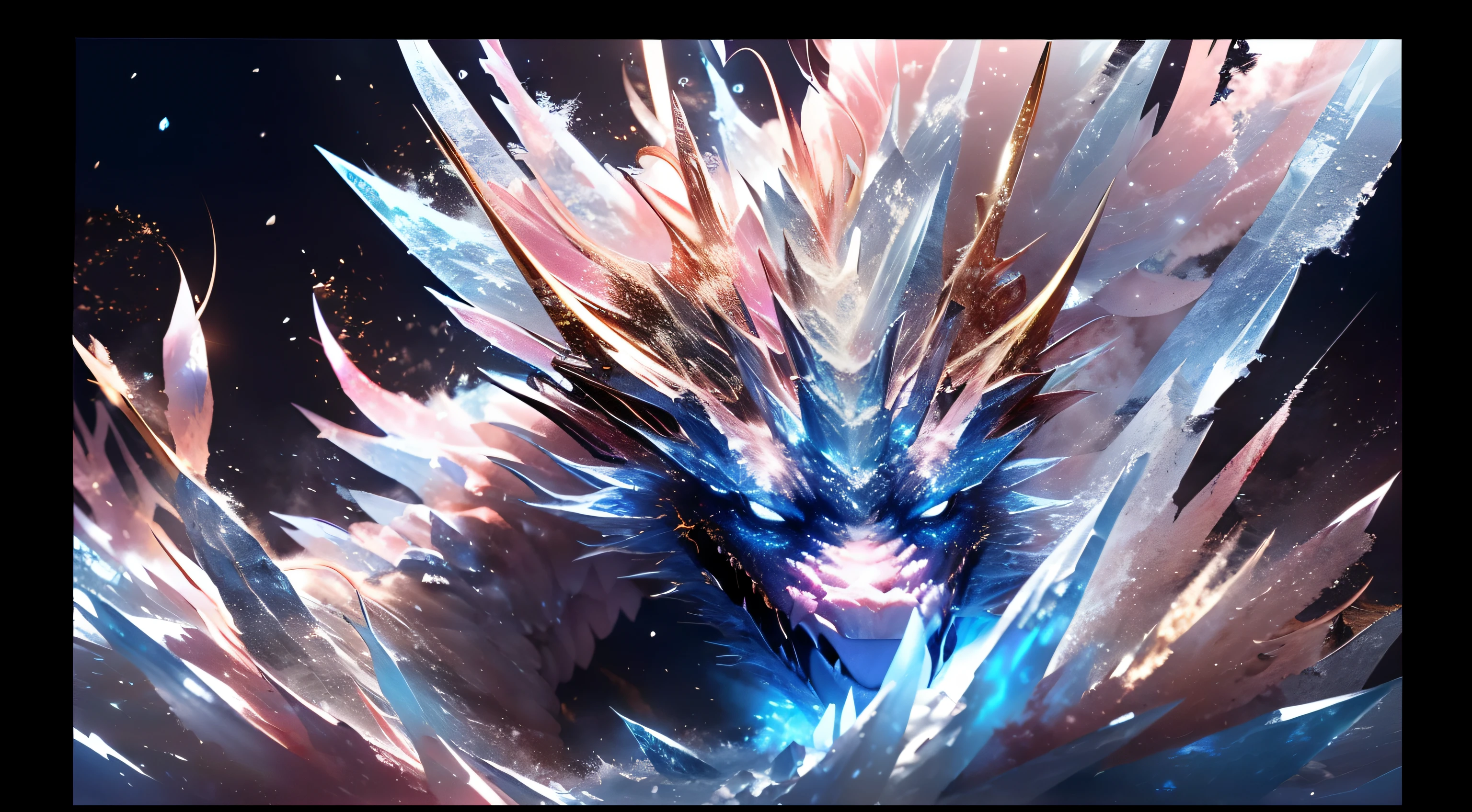 (((best quality)))), ((ultra-detailed))), (((masterpiece))), illustrations In this Ice Age scene, the addition of the element of fire brings strong contrast and visual impact. In the center of the picture, a glacier dragon stands majestically, its body is composed of countless ice-blue scales, each of which is like an independent ice crystal, (8K ultra-high definition), and the edge of each scale is clearly visible. However, what was amazing was that the dragon's mouth spewed not an icy breath, but a blazing flame. The flames jumped and burned in the cold air, illuminating the surrounding ice and snow, creating a strange scene of ice and fire blending. This flame is like a bright star, illuminating the night sky of the Ice Age. The blazing heat of the flames contrasts sharply with the coldness of the glaciers, symbolizing the power of life and the harshness of nature. In this icy world, the presence of flames brings hope and life, adding more layers and depth to the Ice Age scene. On the distant skyline, a bright moon slowly rises, casting a faint glow. The moonlight shines through the mist on the glacier, reflecting the twinkling ice crystals, which contrasts with the blazing heat of the flames, creating a mysterious and dreamy atmosphere. The whole picture emphasizes the magnificence and mystery of the ice age, and conveys the unique atmosphere of this ice magic domain through the use of light and shadow and the change of color. The elements of ice and fire are cleverly combined to create a unique visual impact that will not be forgotten.