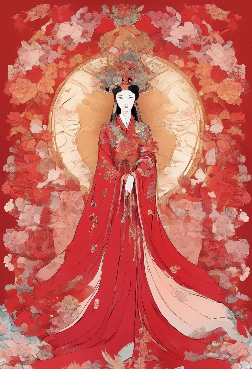 Liu, International supermodel in a red wedding dress, Delicate face,Incomparably beautiful hands, red tulle cloak, Golden Phoenix, nine tail fox, (9. The tail unfolds at the back,Smoke rings form in the air), peach blossom,Cloud,High quality, symetrical composition , high resolution ,