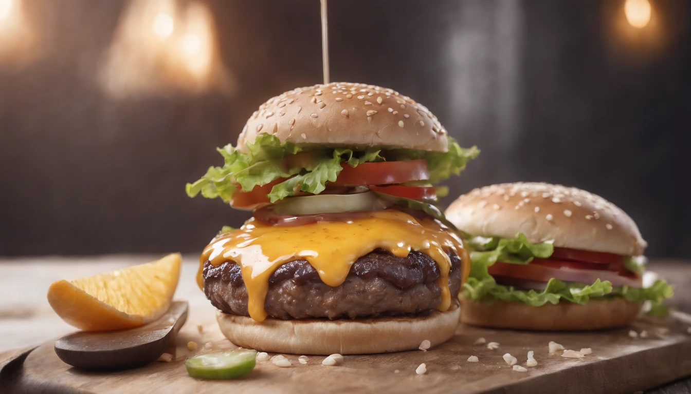 A burger falling in pieces juicy, tasty, hot, promotional photo, intricate details, hdr, cinematic, adobe lightroom, highly detailed