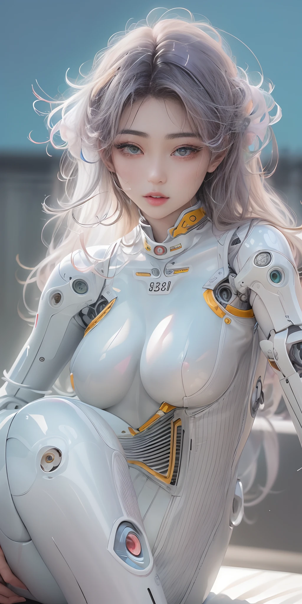 Super beautiful eyes、(top-quality:1.6)、(tmasterpiece:1.4)、intricately details、(Cute and gorgeous 20 year old Korean girl:1.3)、(1girll:1.3)、(Detailed sky:1.2)、(wearing white latex bodysuit:1.3)、angelicales、agilawood、(cybernetic halo:1.3)、(Small head:1.4)、(Large full breasts:1.2)、Detailed eye details pupil multiple eyes、panoramicshooting，Long-range shooting，fully body photo