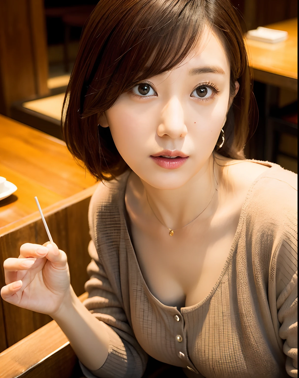 close up of 1 female, 35mm masterpiece, casual dress, wooden cafe, Tokyo