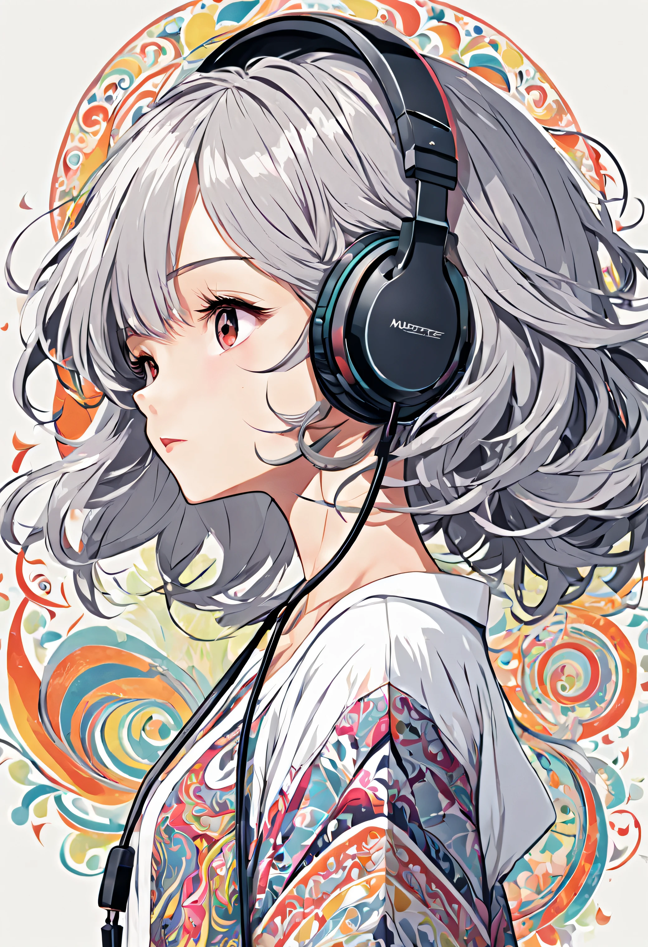 masutepiece、illustratio、ornate、multi colored、prety woman、breezing、white shirt、complex pattern、Gray hair、headphones