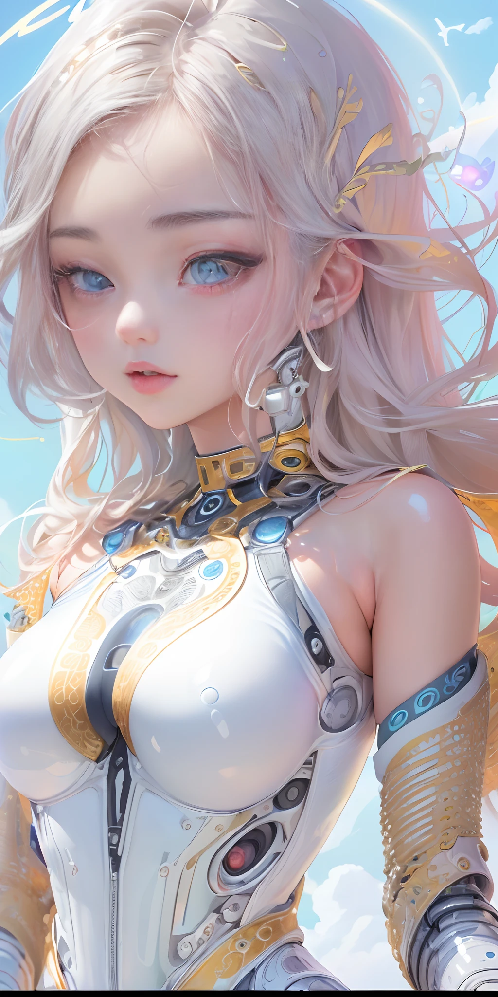 Super beautiful eyes、(top-quality:1.6)、(tmasterpiece:1.4)、intricately details、(Cute and gorgeous 20 year old Korean girl:1.3)、(1girll:1.3)、(Detailed sky:1.2)、(wearing white latex bodysuit:1.3)、angelicales、agilawood、(cybernetic halo:1.3)、(Small head:1.4)、(Large full breasts:1.2)、Detailed eye details pupil multiple eyes