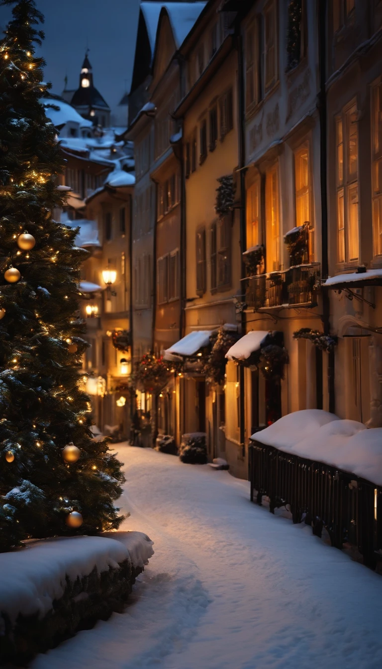 A cool city, looks like Switzerland, xmas night with snow. lights in the houses.