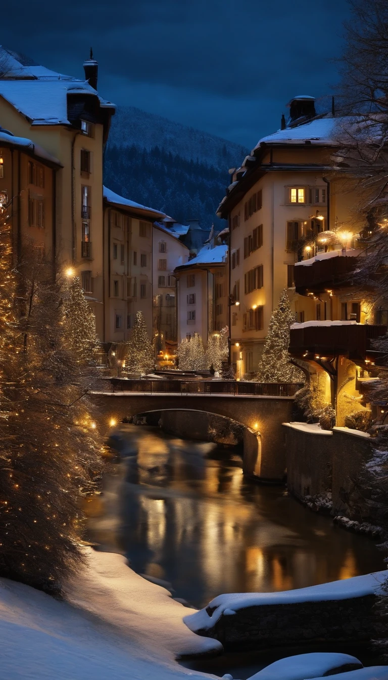 A cool city, looks like Switzerland, xmas night with snow. lights in the houses.