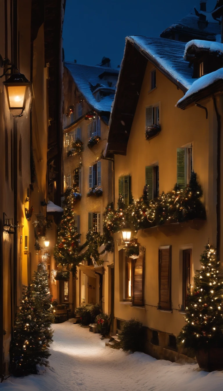 A cool city, looks like Switzerland, xmas night with snow. lights in the houses.