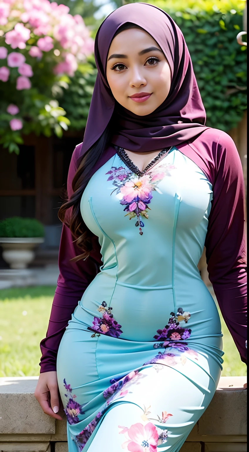 RAW, Best quality, high resolution, Masterpiece: 1.3), Beautiful Malay woman in hijab, Masterpiece, Perfect slim body, ((Big breasts)), Beautiful big eyes, watery eyes, Soft smile, wet lips, bad face, (wearing long dress baju kurung with large floral motifs), (long legging), smiling, windy, skin details, skin texture details, thick thighs, sexy body, morning time, happy, bright sunlight, flower garden path, blurred background, bokeh