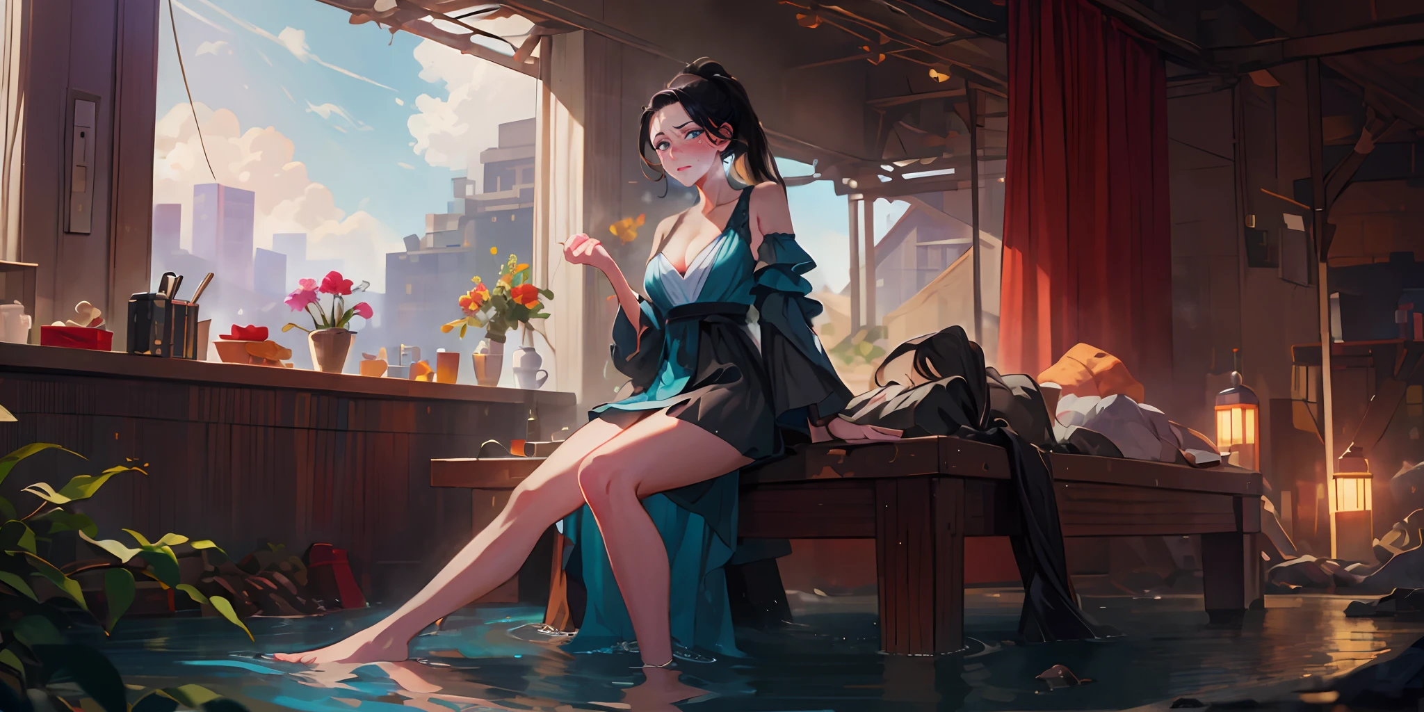 executive mishiro, (mature female:1.4), (black hair, long ponytail:1.6), embarrassed, blush face, makeup, heavy breathing, breasts, 1girl, solo, anklet, sitting, cleavage, detached_sleeves, barefoot, bare_shoulders, bracelet, water, large_breasts, looking_at_viewer, dress, magic, water, aqua theme, flower, full_body, mole, wide_sleeves, feet, medium_breasts, glow effects, godrays, Hand drawn, render, 8k, octane render, cinema 4d, blender, dark, atmospheric 4k ultra detailed, cinematic, Sharp focus, big depth of field, Masterpiece, colors, 3d octane render, 4k, concept art, trending on artstation, hyperrealistic, Vivid colors, extremely detailed CG unity 8k wallpaper, trending on CGSociety, Intricate, High Detail, dramatic,