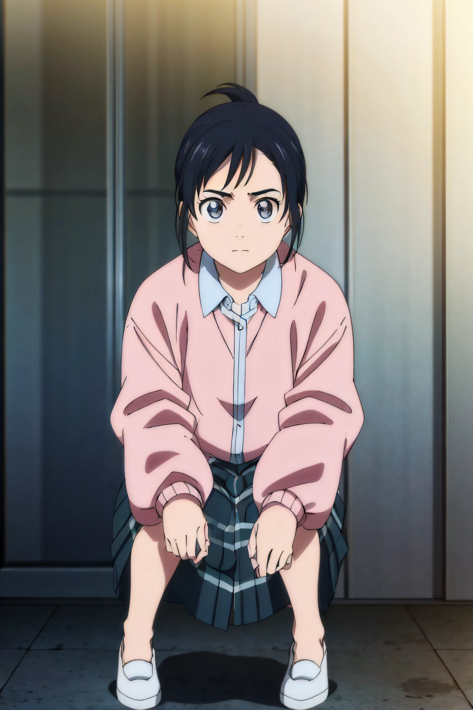 IsakiMagari,1girl, button-down jacket, long matching skirt that reaches to just above knees, solo, facing viewer, looking at viewer, serious look