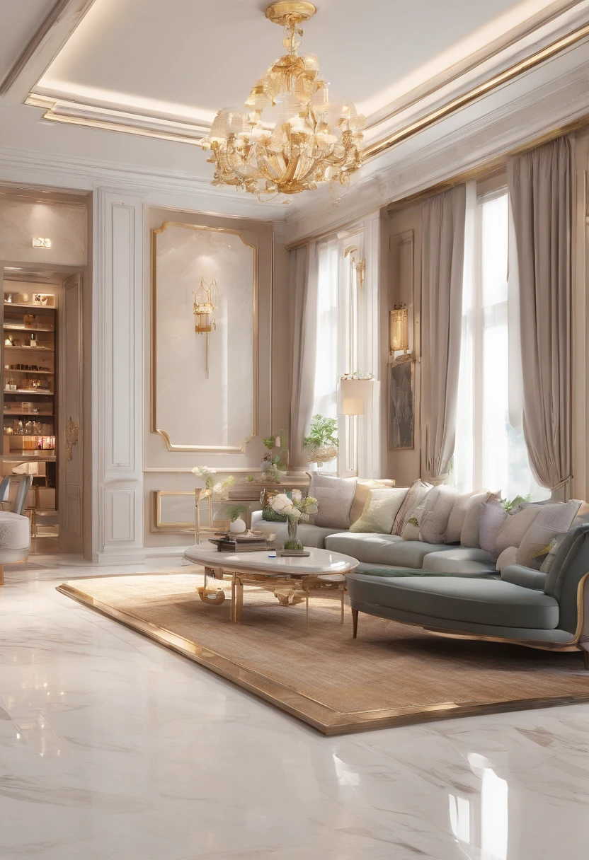 masterpiece, modern living room space, luxurious, aristocratic interior design, royal space, ((super detail:1.3))), neoclassical style design, neoclassical interior Modern blend, living room interior space with tables and chairs, living room details, luxurious aristocratic neoclassical living room inside, luxurious marble living room floor, living interior, in a living summer morning, island table, Starbucks interior illustration, white, grey glossy floor ((1.2)), people sitting in the cafe and serving staff (((1.3)))