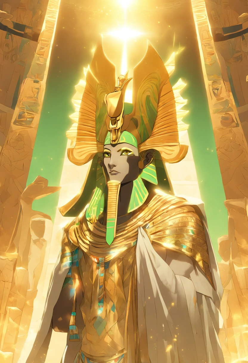 (((Osiris))) best quality, very high resolution, 4K detailed CG, masterpiece, Egyptian mythology, Osiris,green skin, Egyptian temple,Ancient Egypt,sunlight,white clothes, Egyptian clothes, desert,mummy , ((standing pose)), aesthetic , Beautiful image, centered on the screen