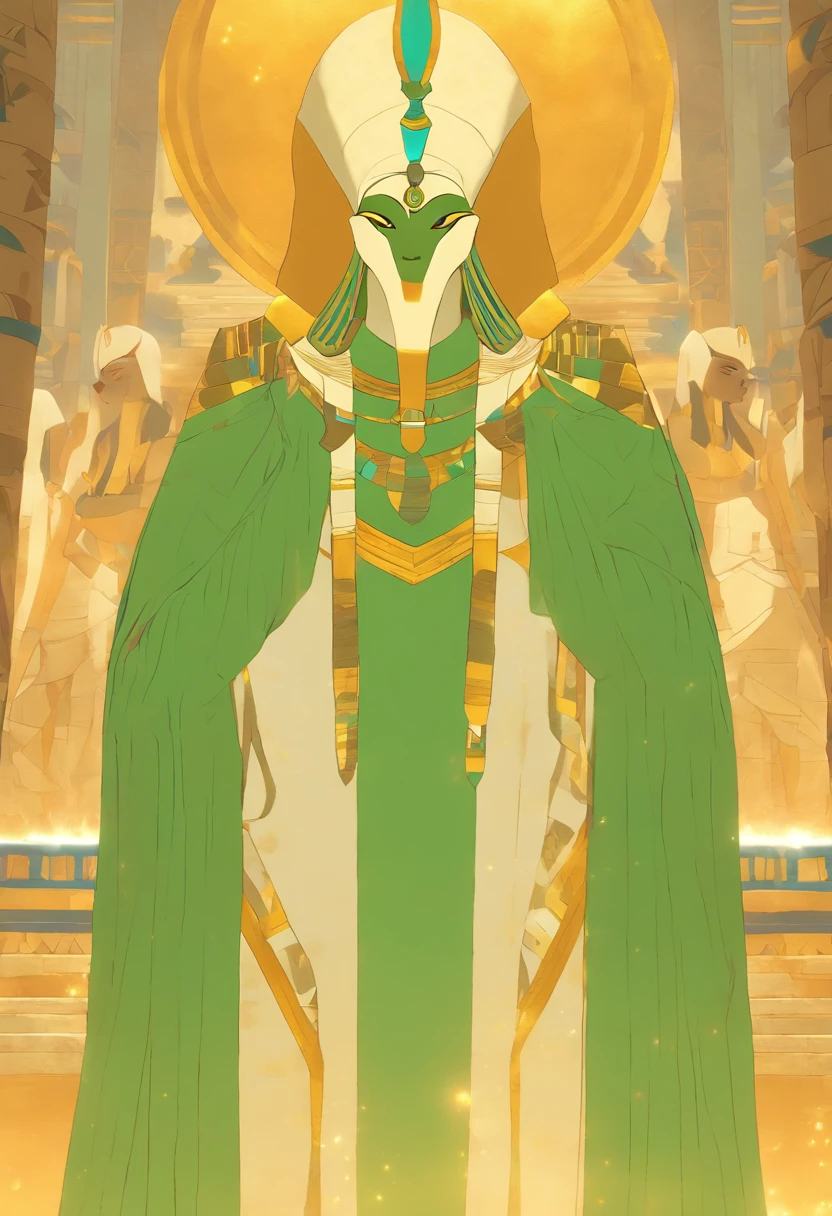 (((Osiris))) best quality, very high resolution, 4K detailed CG, masterpiece, Egyptian mythology, Osiris,green skin, Egyptian temple,Ancient Egypt,sunlight,white clothes, Egyptian clothes, desert,mummy , ((standing pose)), aesthetic , Beautiful image, centered on the screen