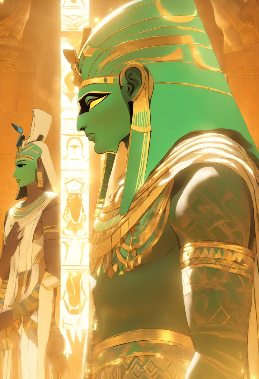 (((Osiris))) best quality, very high resolution, 4K detailed CG, masterpiece, Egyptian mythology, Osiris,green skin, Egyptian temple,Ancient Egypt,sunlight,white clothes, Egyptian clothes, desert,mummy , ((standing pose)), aesthetic , Beautiful image, centered on the screen