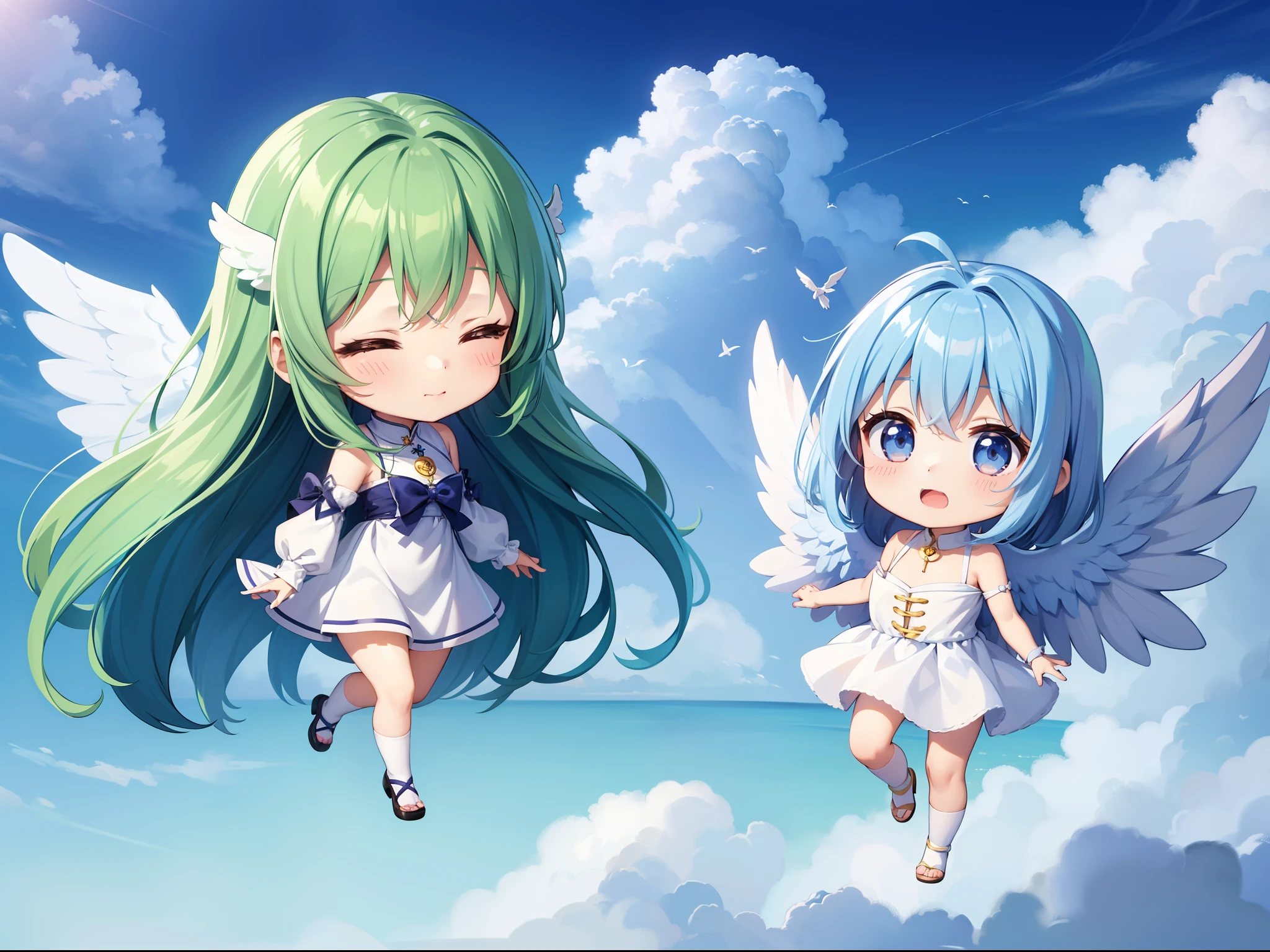 3 cute chibi characters With the Wings of an Angel、Flying in the sky、long hair with blue hair((Chibi Chara))、Fluffy、girl with、Chibi Chara、full body Esbian、Pastel colors hair、masutepiece、top-quality、Large in the center