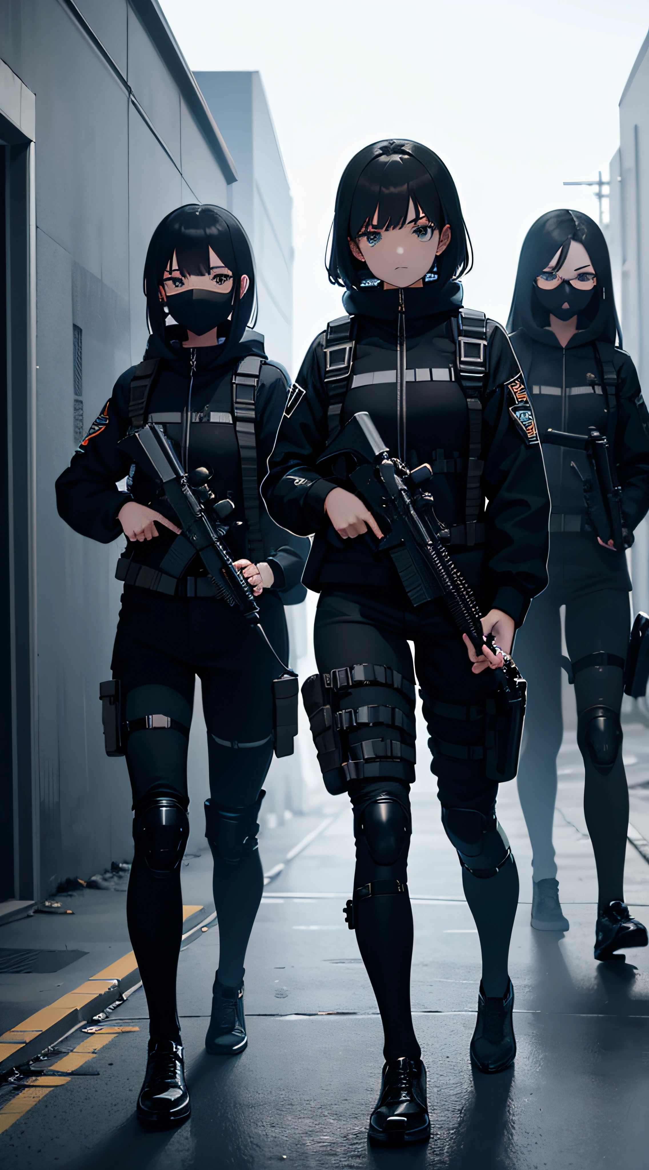 a group of girls, wearing special ops suits, black color outfit, every girl holding gun in their hand, glock on their side belt, looking tense, light mist, walking in formation like special combat unit, half of them wearing black shade, combat strap on their outfit, dark vibe, cold vibe, in an abandoned building, high res, ultra sharp, 8K, masterpiece, looking around
